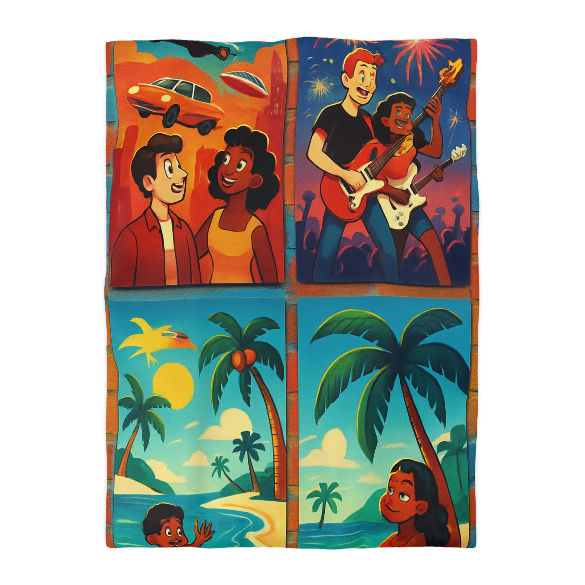 Vivid Tropical Scene with Cars, Fireworks, and Joyful Festivities for Colorful Bedroom Decor