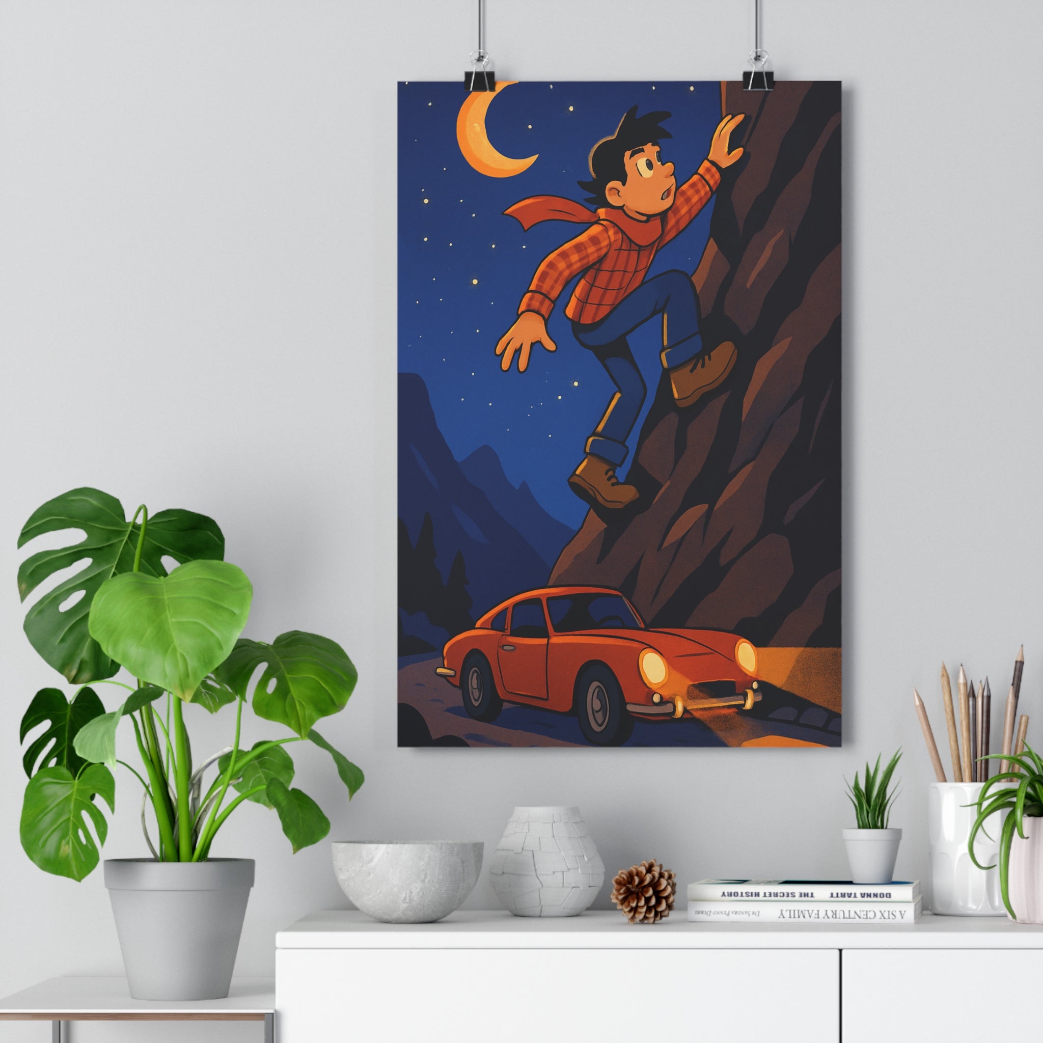 Poster décoratif aventurier montagne ciel étoilé orange rouge cartoon aventure bureau nocturne vibrant qualité
