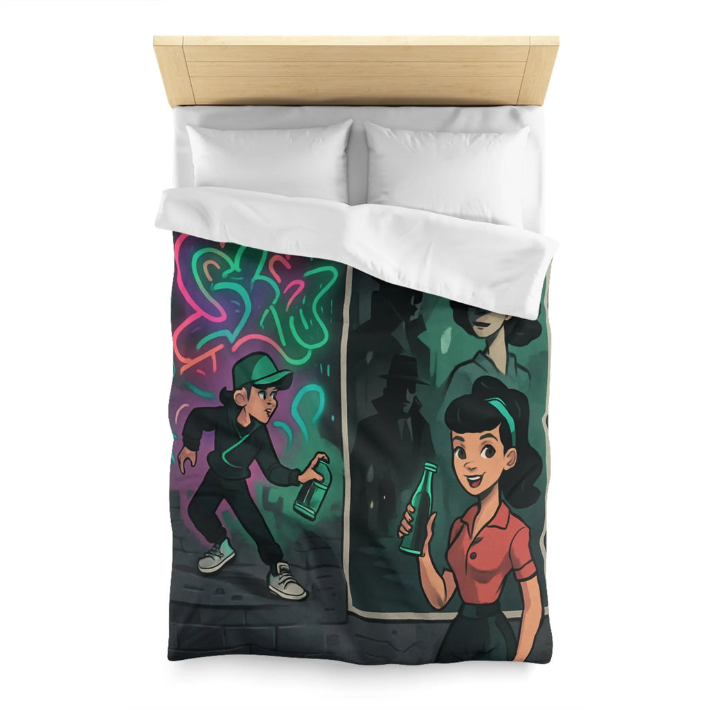 Housse de couette illustrée avec scène de rue colorée et personnages mystérieux