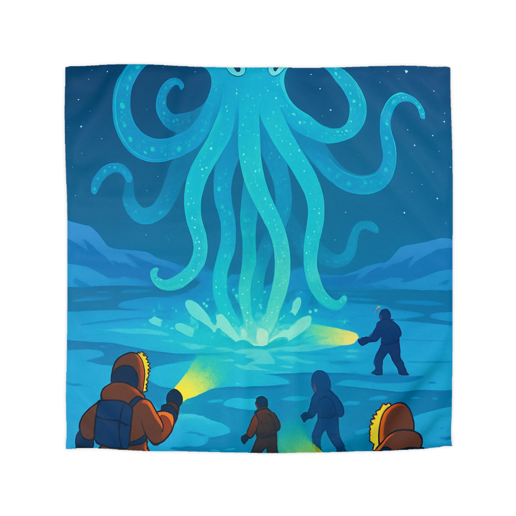 Nuit polaire avec pieuvre géante luminescente sous ciel étoilé et aventuriers en doudoune