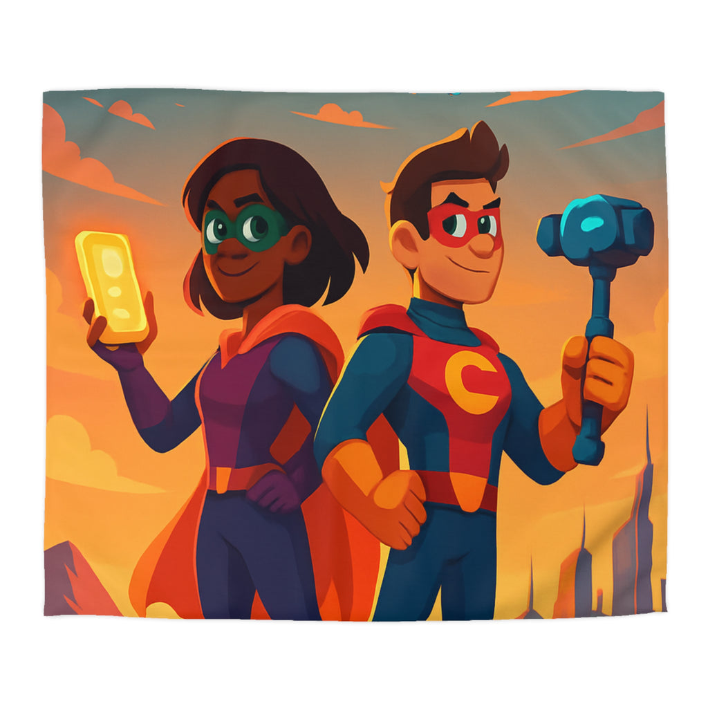 Super-héros Enfantins avec Drones dans Paysage Urbain Coloré Crépusculaire Illustré