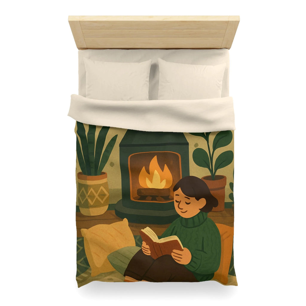 Housse de couette cosy avec cheminée et ambiance hygge, style scandinave relaxant