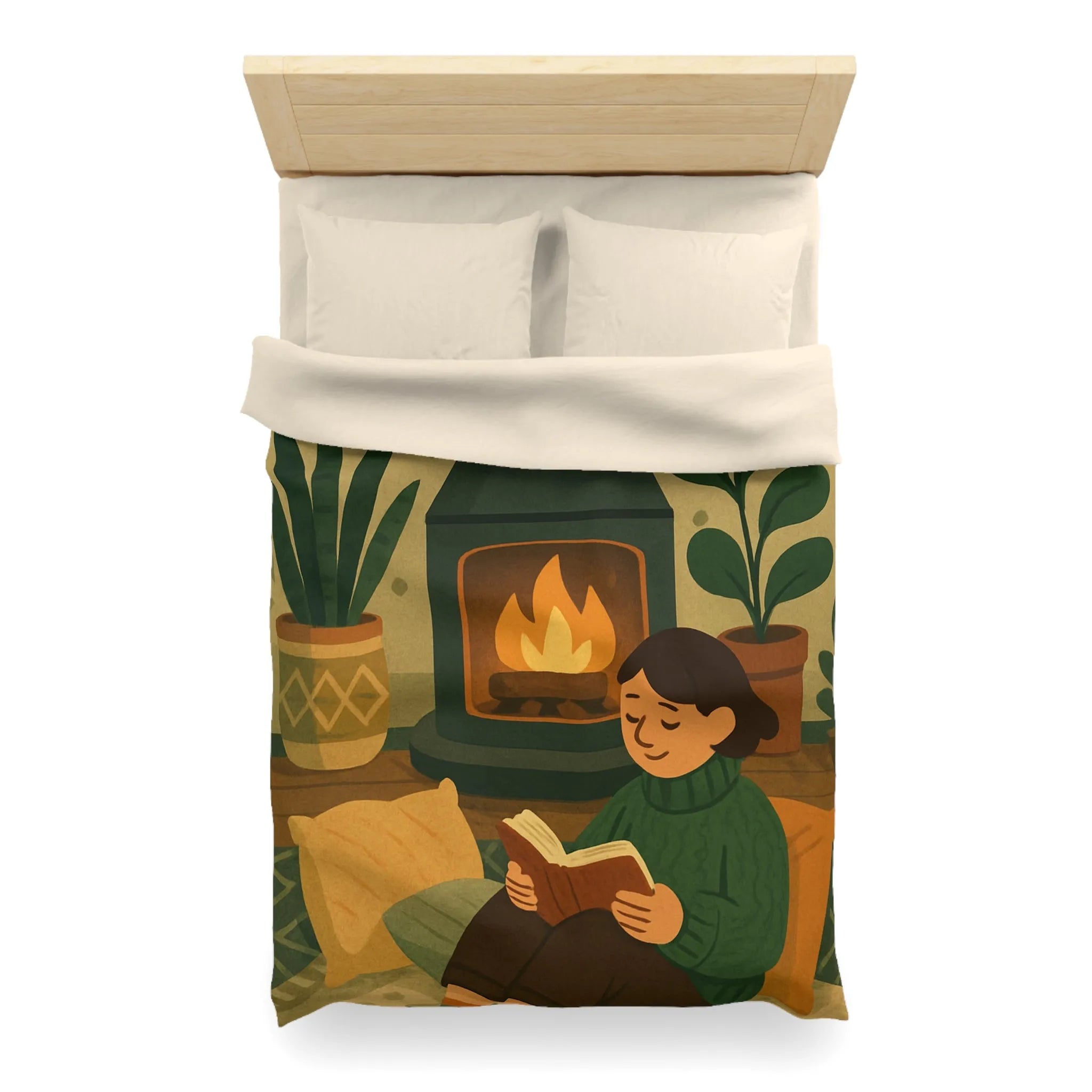 Housse de couette cosy avec cheminée et ambiance hygge, style scandinave relaxant