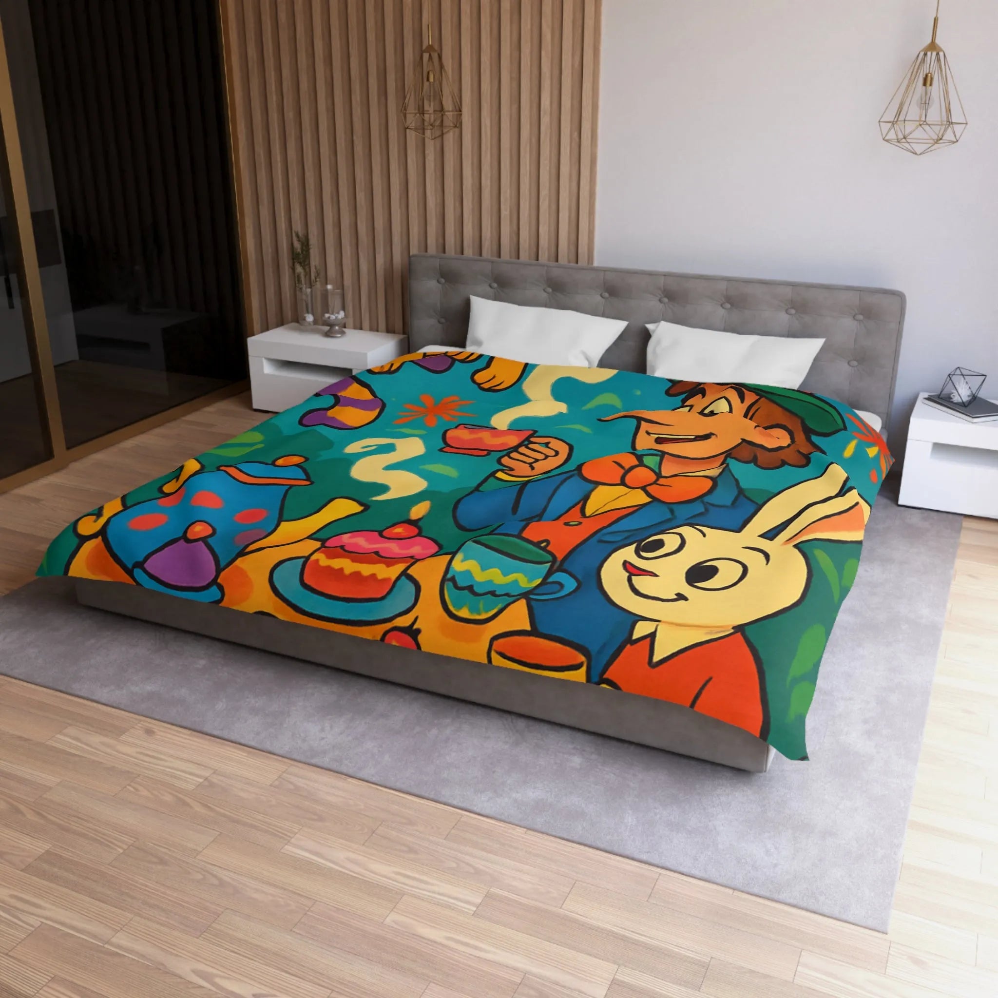 Housse de couette colorée avec scène de thé joyeuse inspirée d'un conte fantaisiste