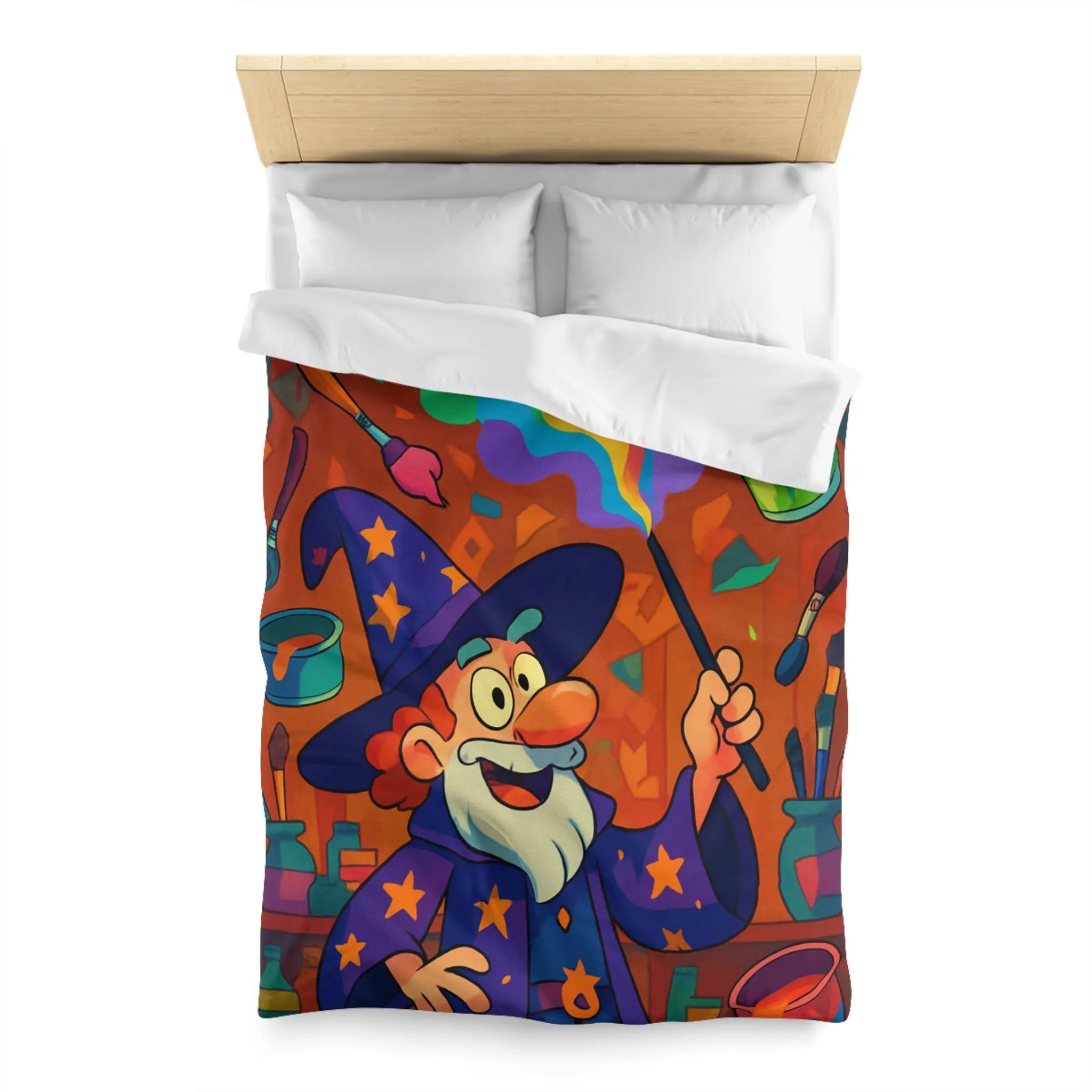 Housse de couette magique colorée avec sorcier et peinture arc-en-ciel vibrante