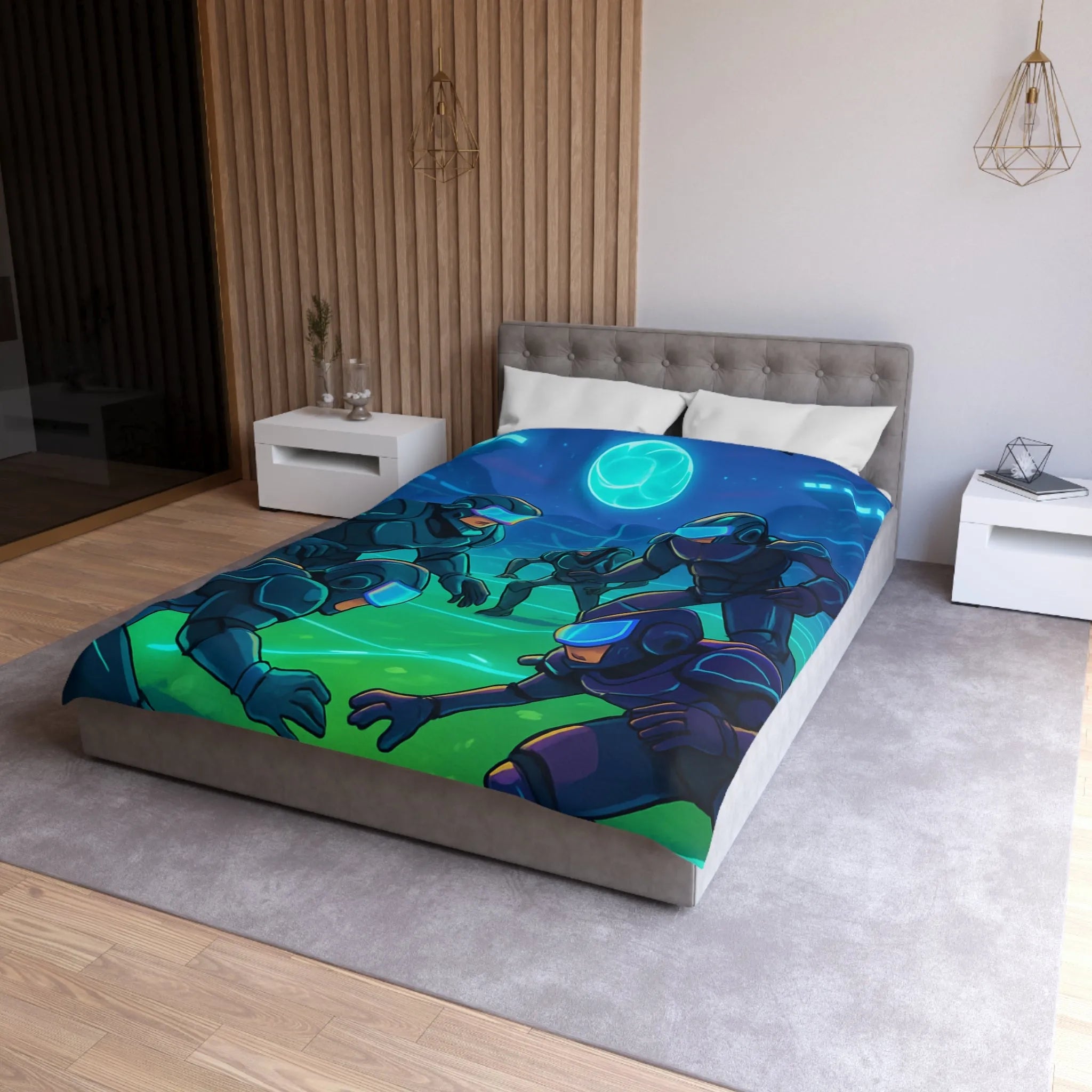 Housse de couette futuriste avec joueurs cybernétiques et drones sur terrain de sport