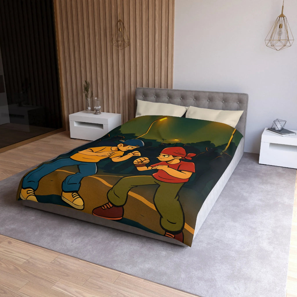 Housse de couette avec illustration urbaine de deux boxeurs sous lampadaires la nuit