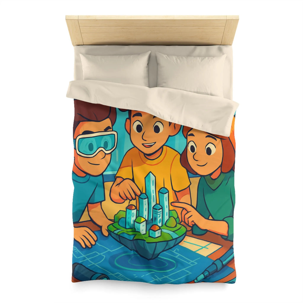 Housse de couette avec design futuriste ludique, enfants explorant une ville miniature colorée