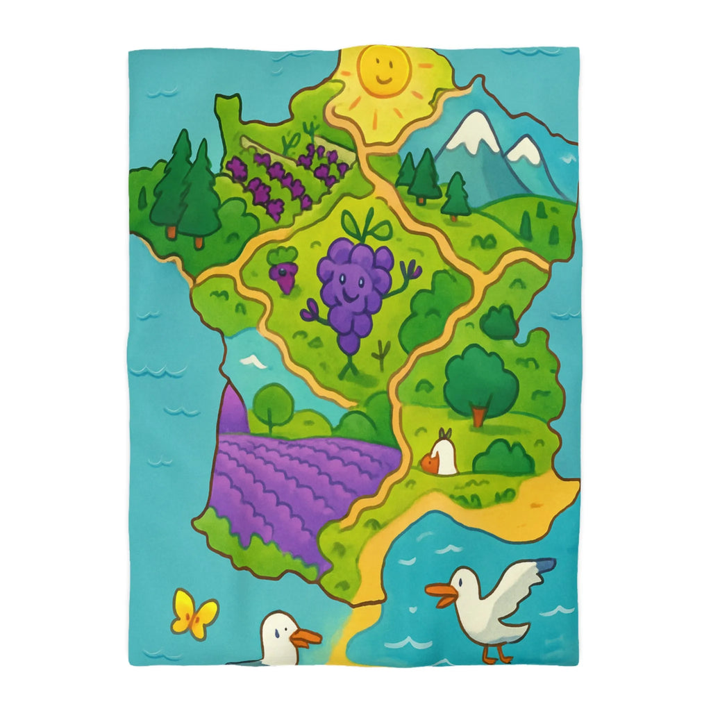 Carte colorée de France illustrée avec paysage ensoleillé et animaux adorables