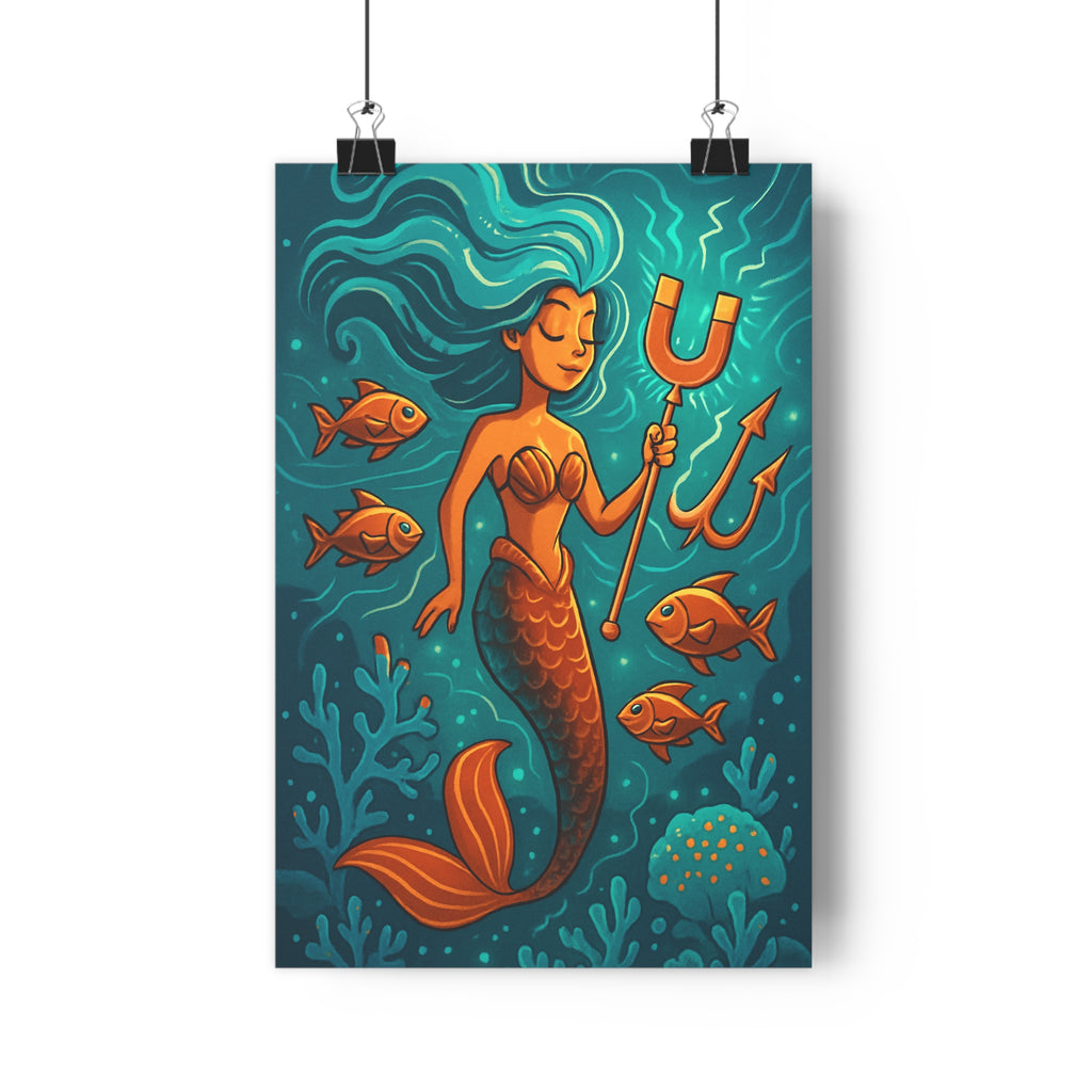 Poster décoratif sirène cartoon bleu orange océan mystique chambre enfant trident magique format 30x46