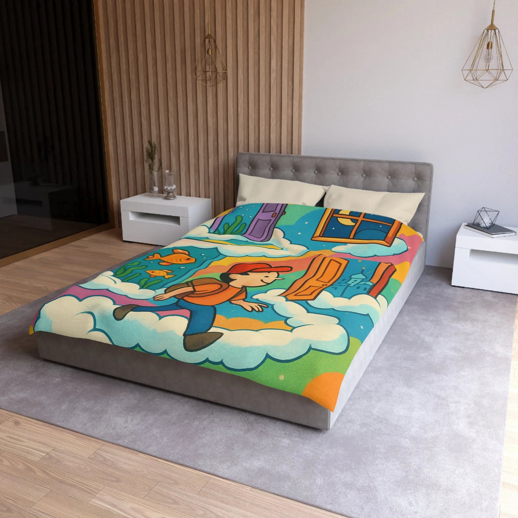 Housse de couette colorée avec portes magiques, nuages et aventure pour enfants rêveurs