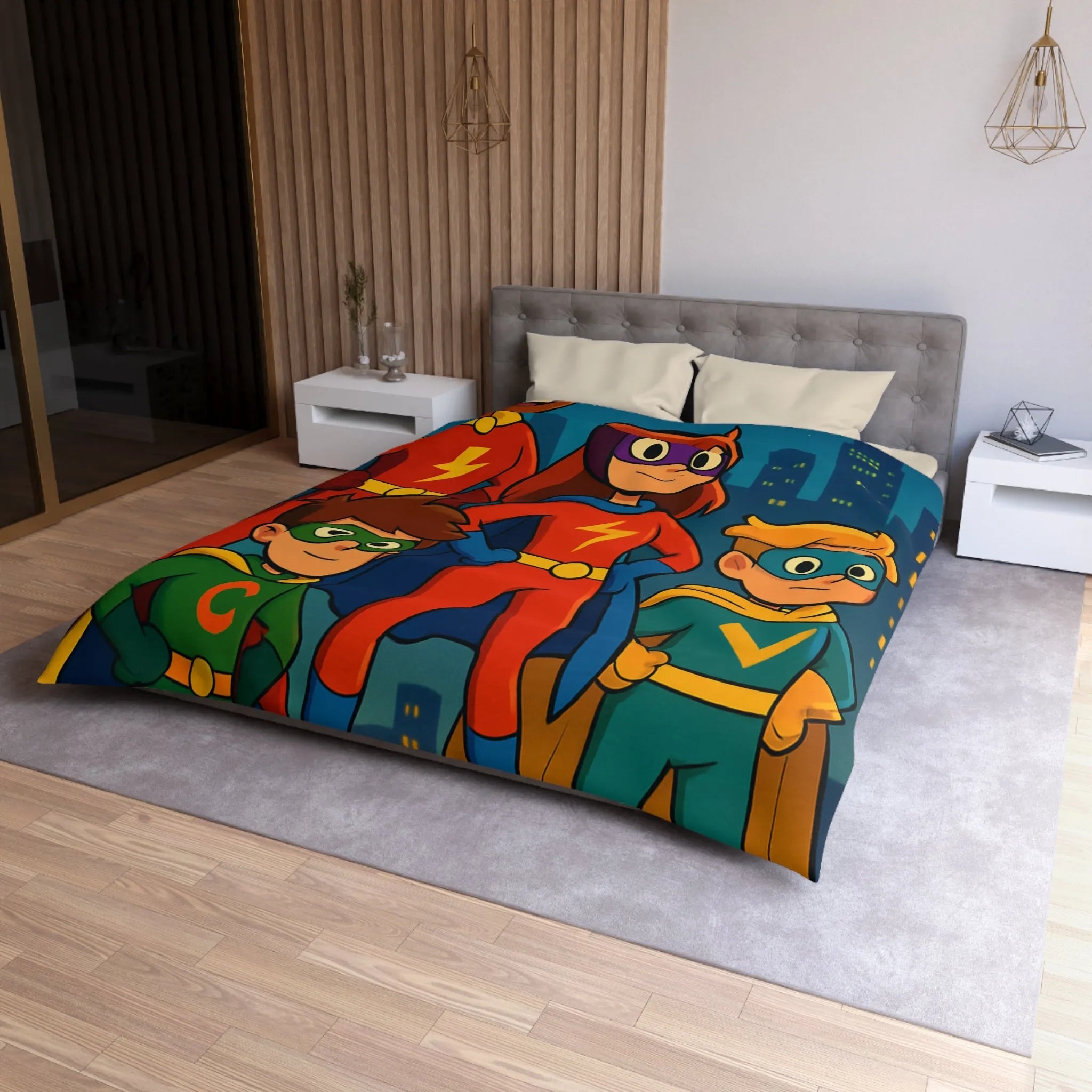 Housse de couette colorée super-héros pour enfants avec scène urbaine lumineuse et joyeuse