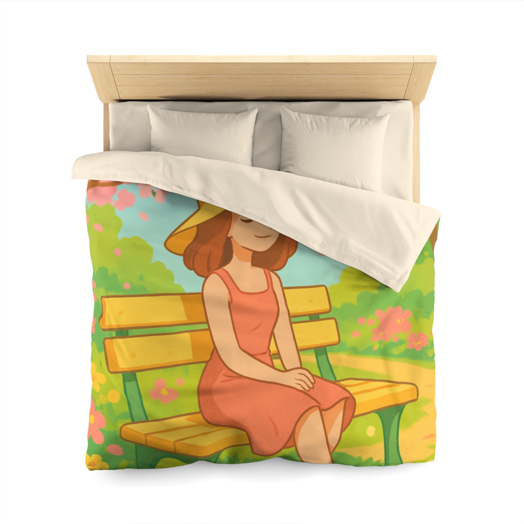 Housse De Couette Motif Printanier Banc Fleurs Ciel Bleu Style Illustration Paisible