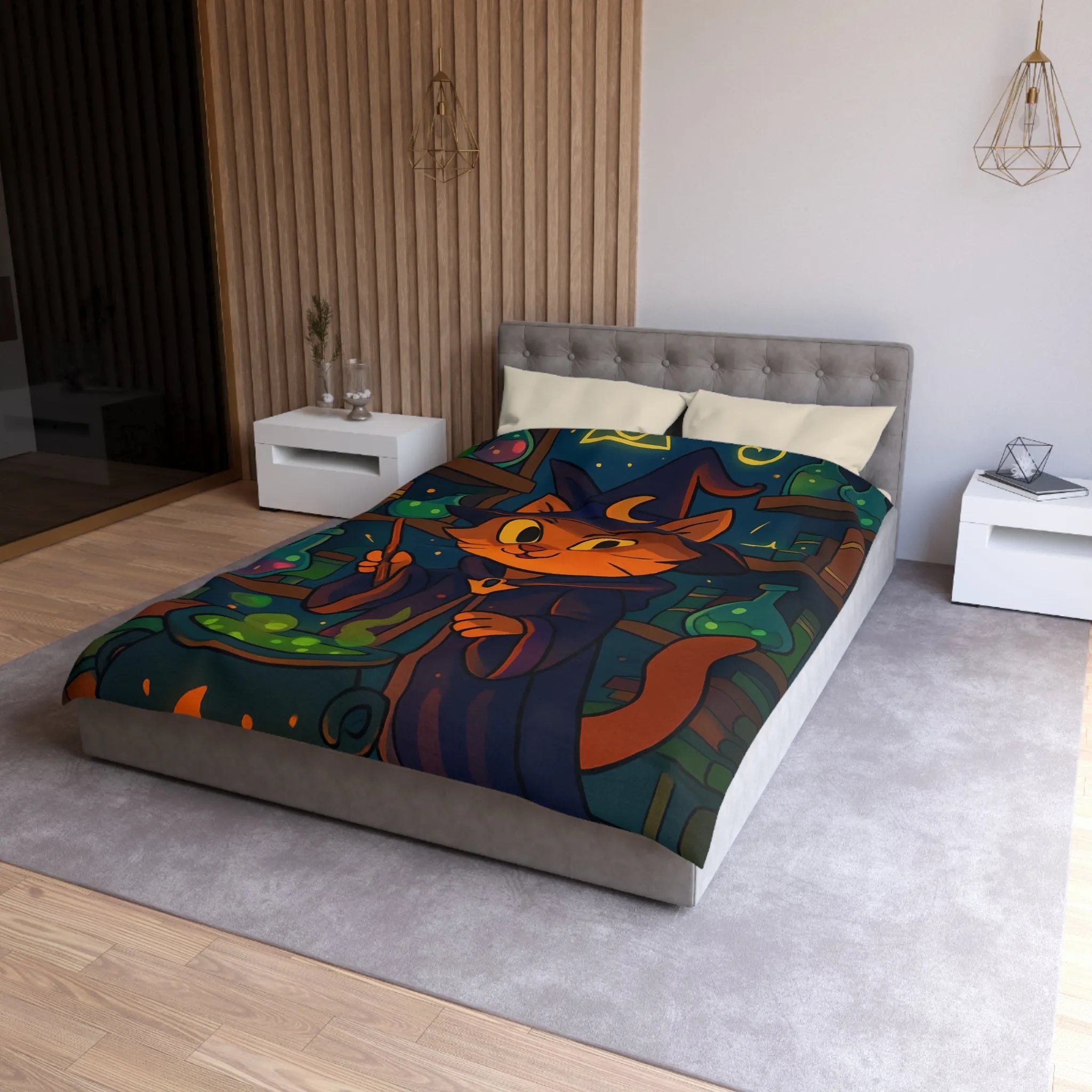 Housse de couette magique avec chat sorcier, chaudron et bibliothèque alchimiste enchanteresse