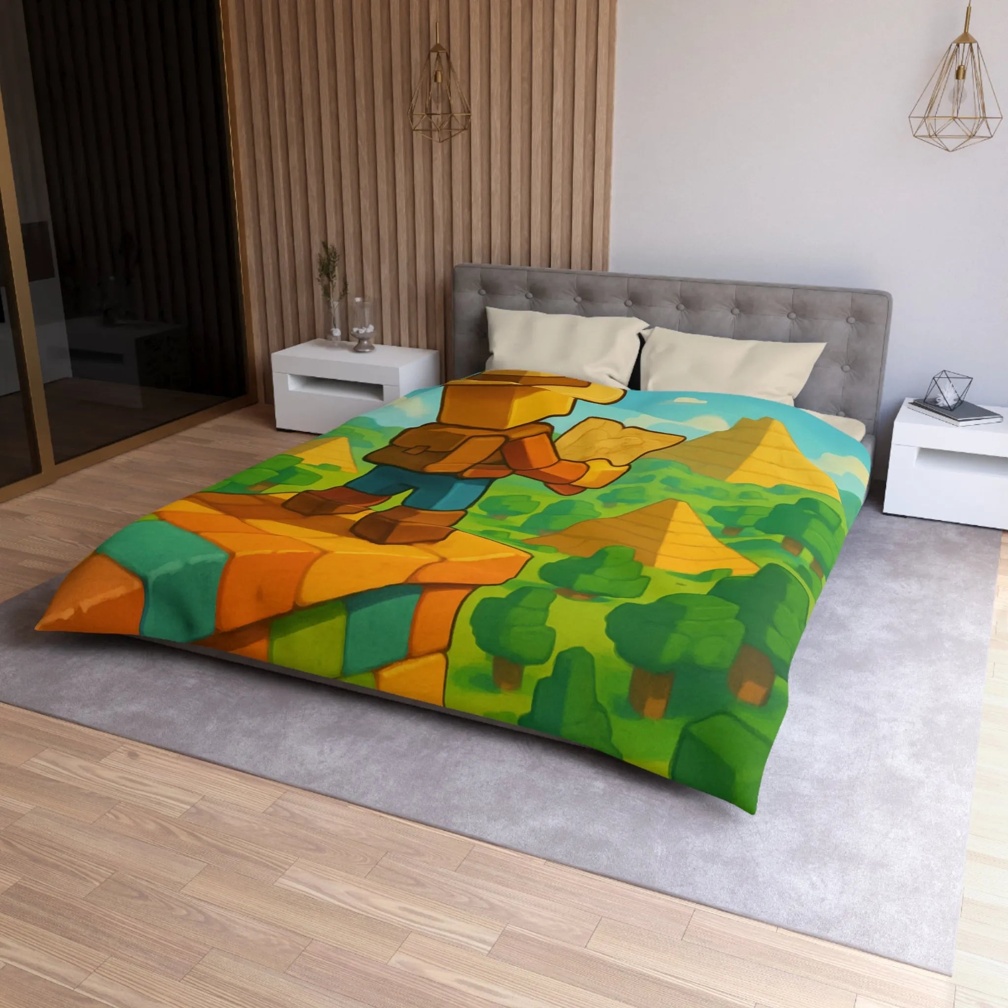 Housse de Couette Ludique Aventure Pixelisée Explorateur Carte Forêt Pyramide Enfant