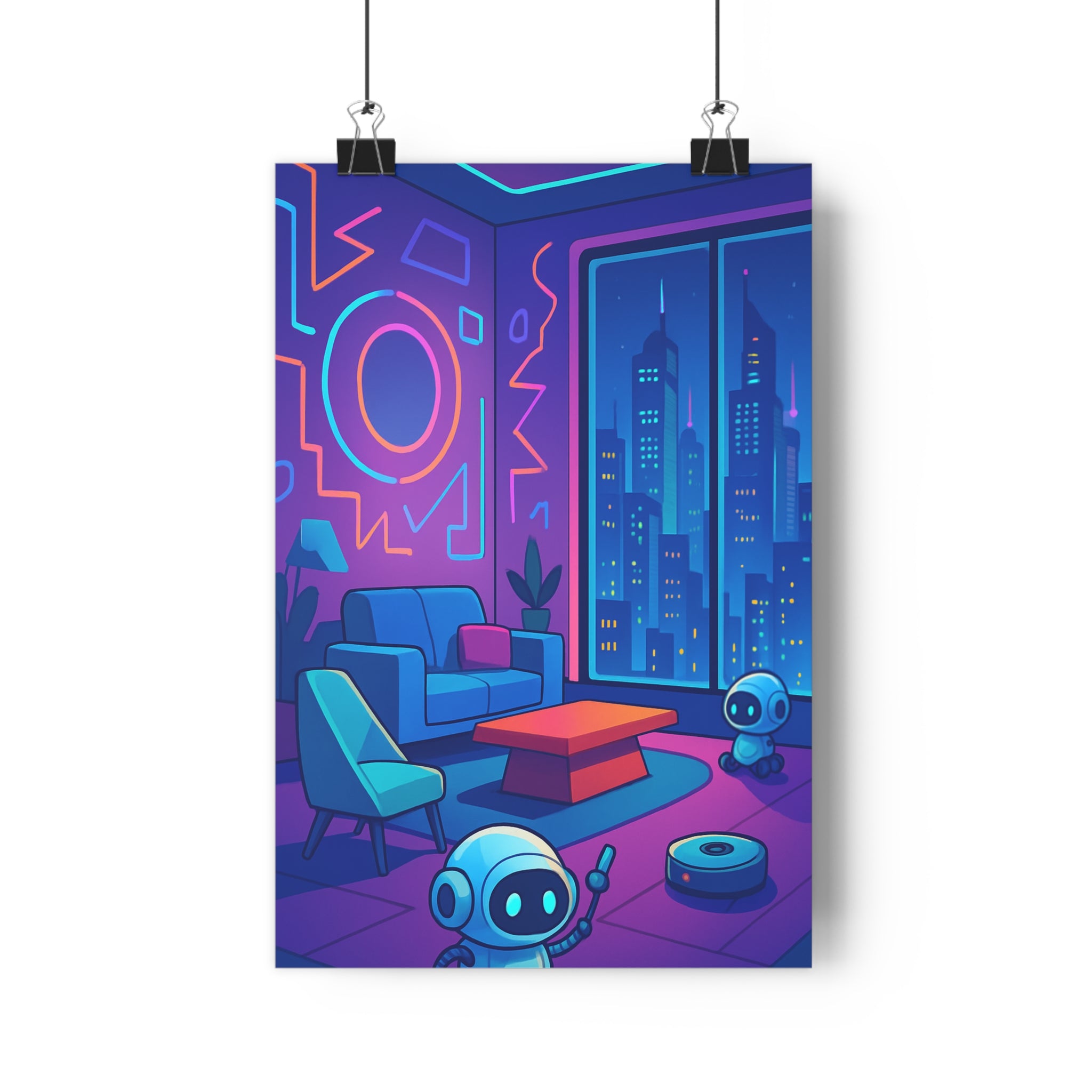 Poster décoratif dessin animé futuriste bleu rouge turquoise salon moderne robot néon chambre enfant