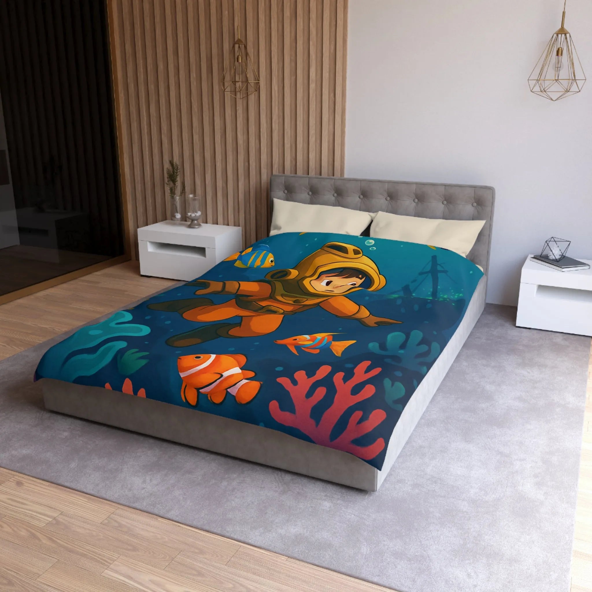 Housse de couette colorée enfant : plongeur sous-marin, poissons tropicaux et épave mystérieuse