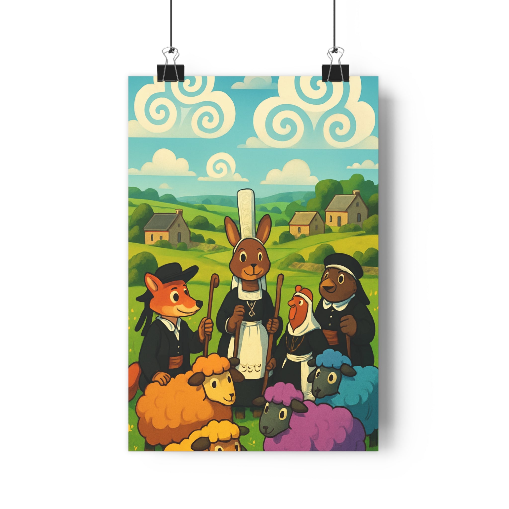 Poster décoratif dessin animé coloré breton animaux renard lapin salon chambre joyeux féerique enfants