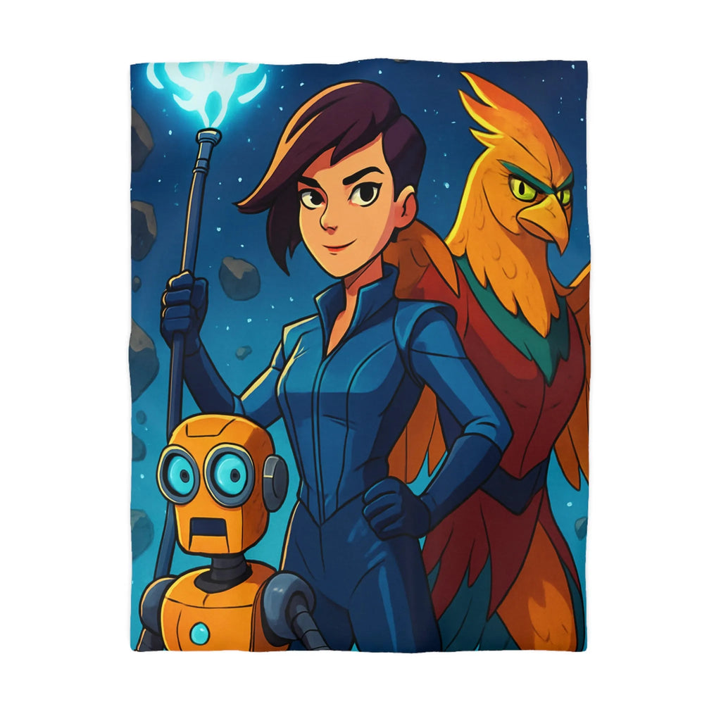Housse de couette colorée avec exploratrice, robot et oiseau dans l'espace étoilé
