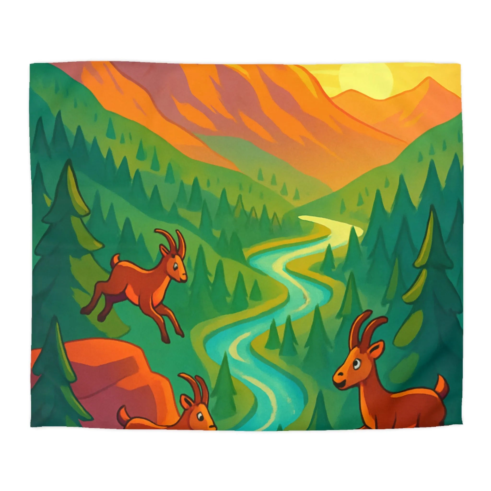 Housse de couette colorée avec paysage montagneux, bouquetins, et parapente joyeux