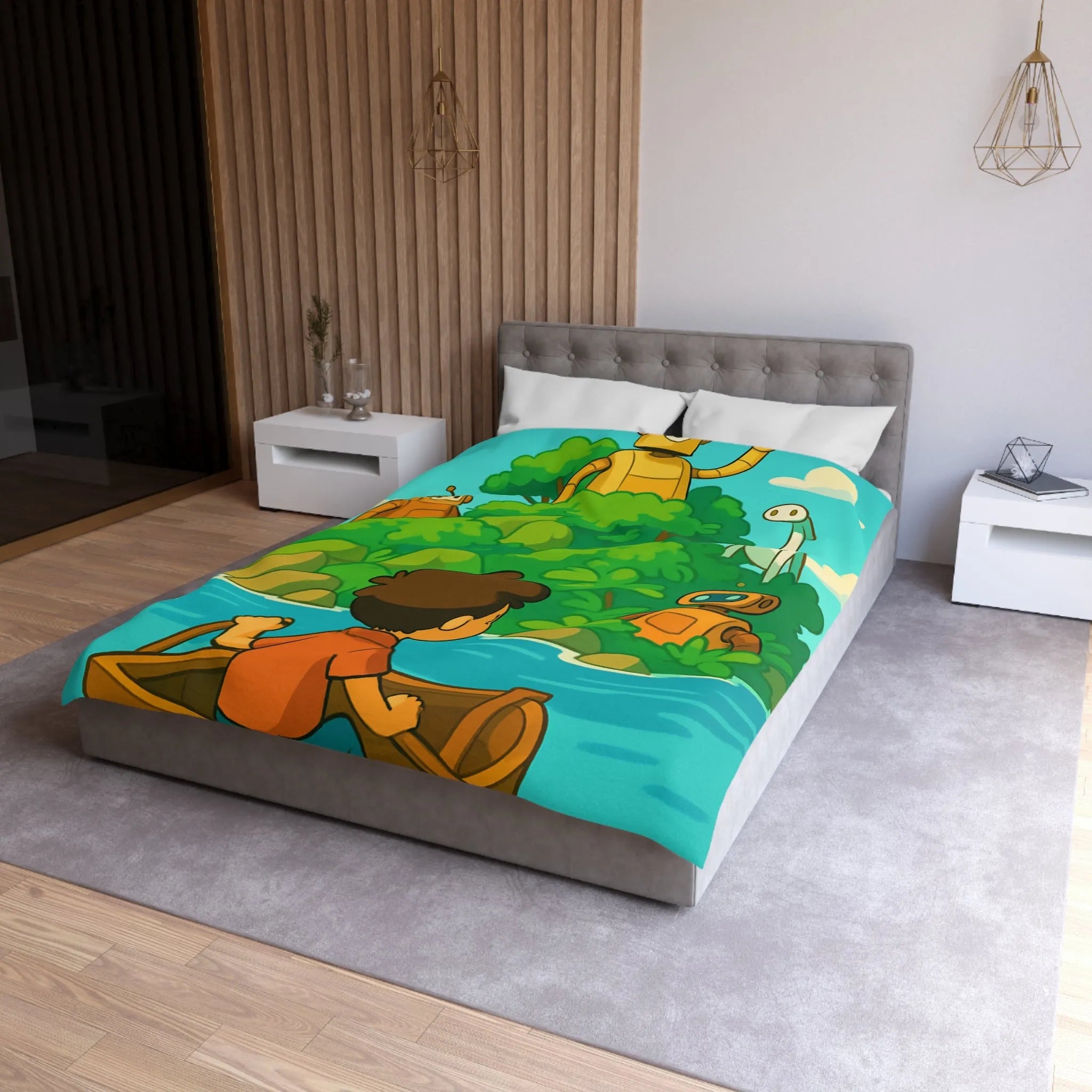 Housse de couette avec robots ludiques et enfant en bateau sur lac serein