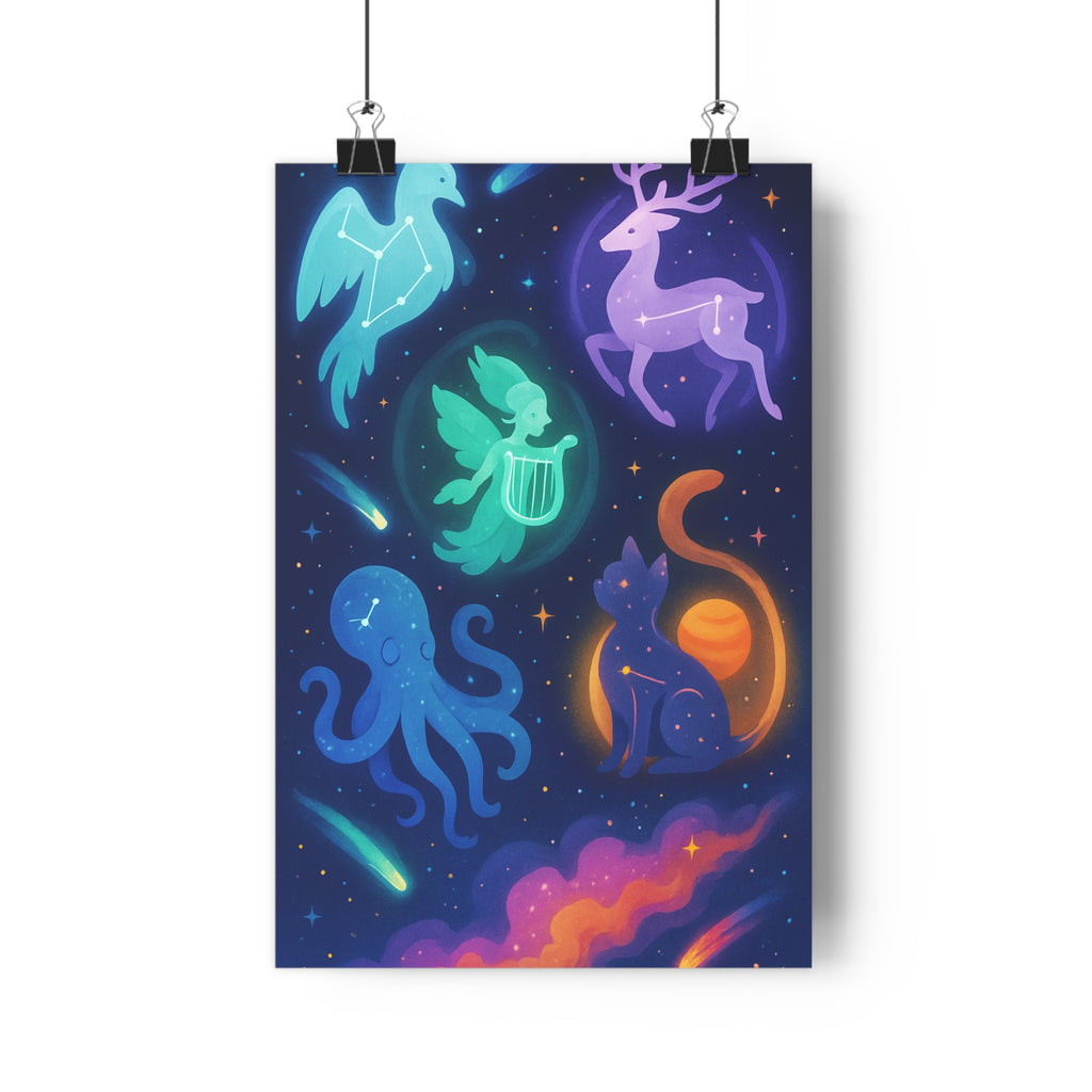 Poster décoratif mystique cosmique bleu violet orange chambre salon bureau créatures célestes 30x46 cm