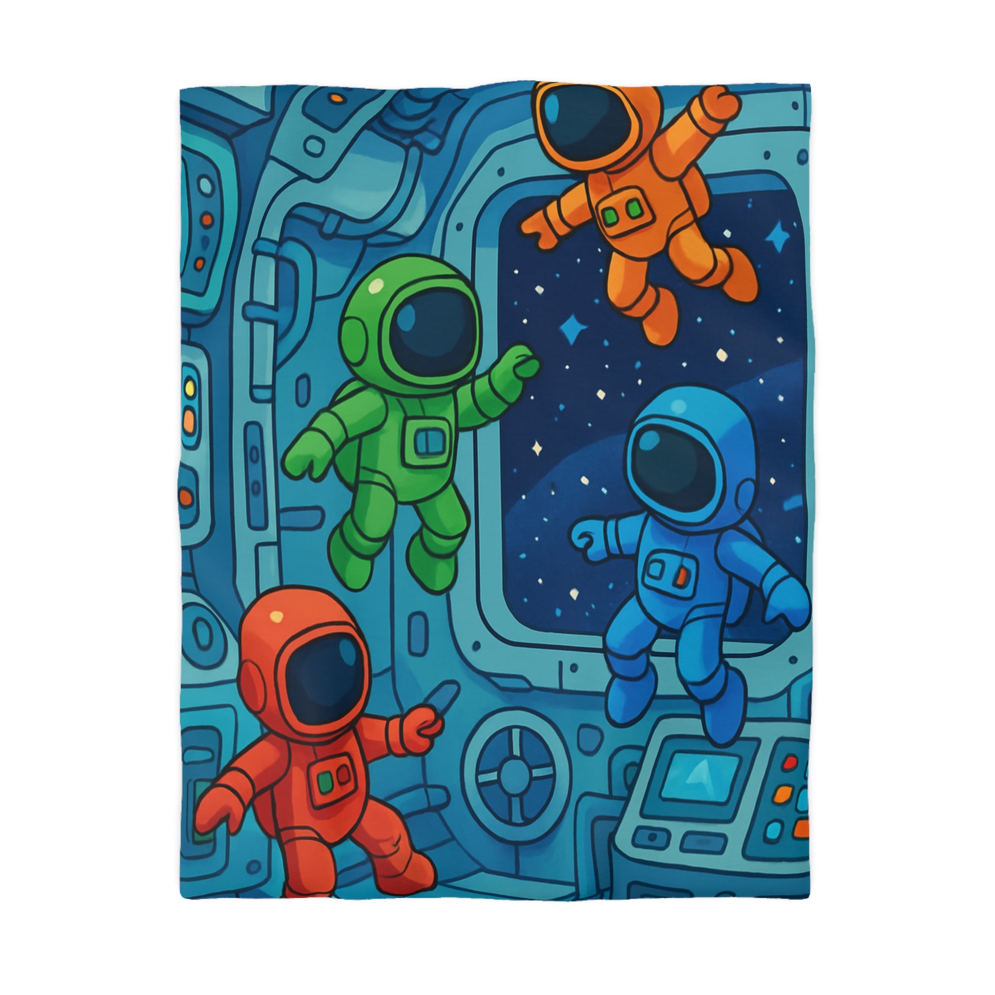 Quatre Astronautes Colorés Flottant Joyeusement Dans Une Station Spatiale Avec Vue Sur Étoiles