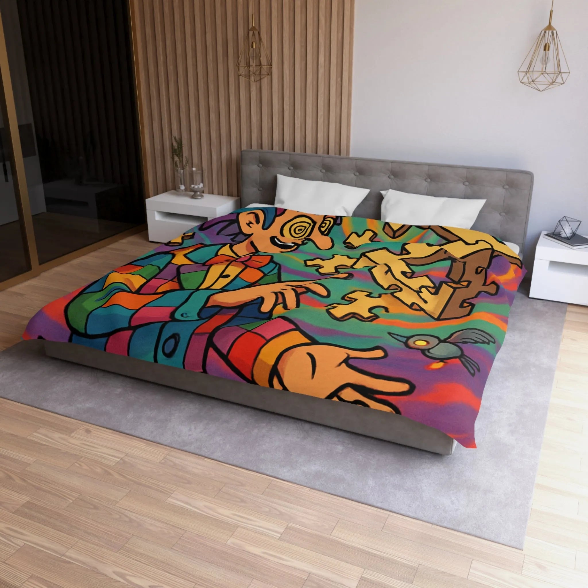 Housse de couette colorée avec illusion d'optique géométrique et motif de clown vibrant