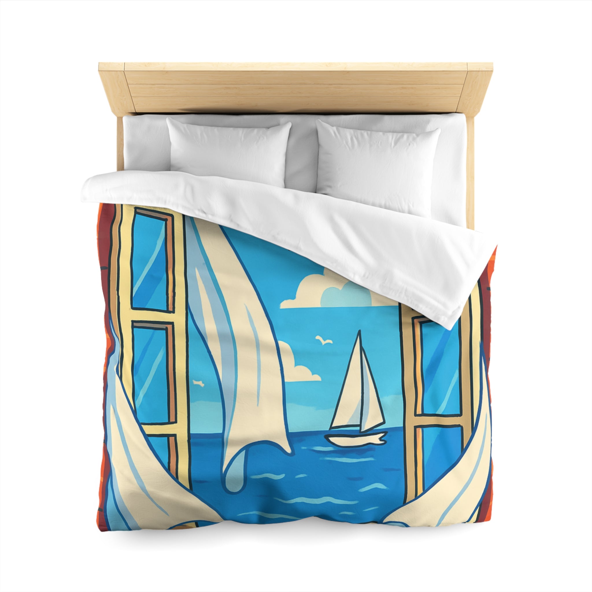 Housse de couette paysage marin fenêtre ouverte, voilier et ciel bleu serein