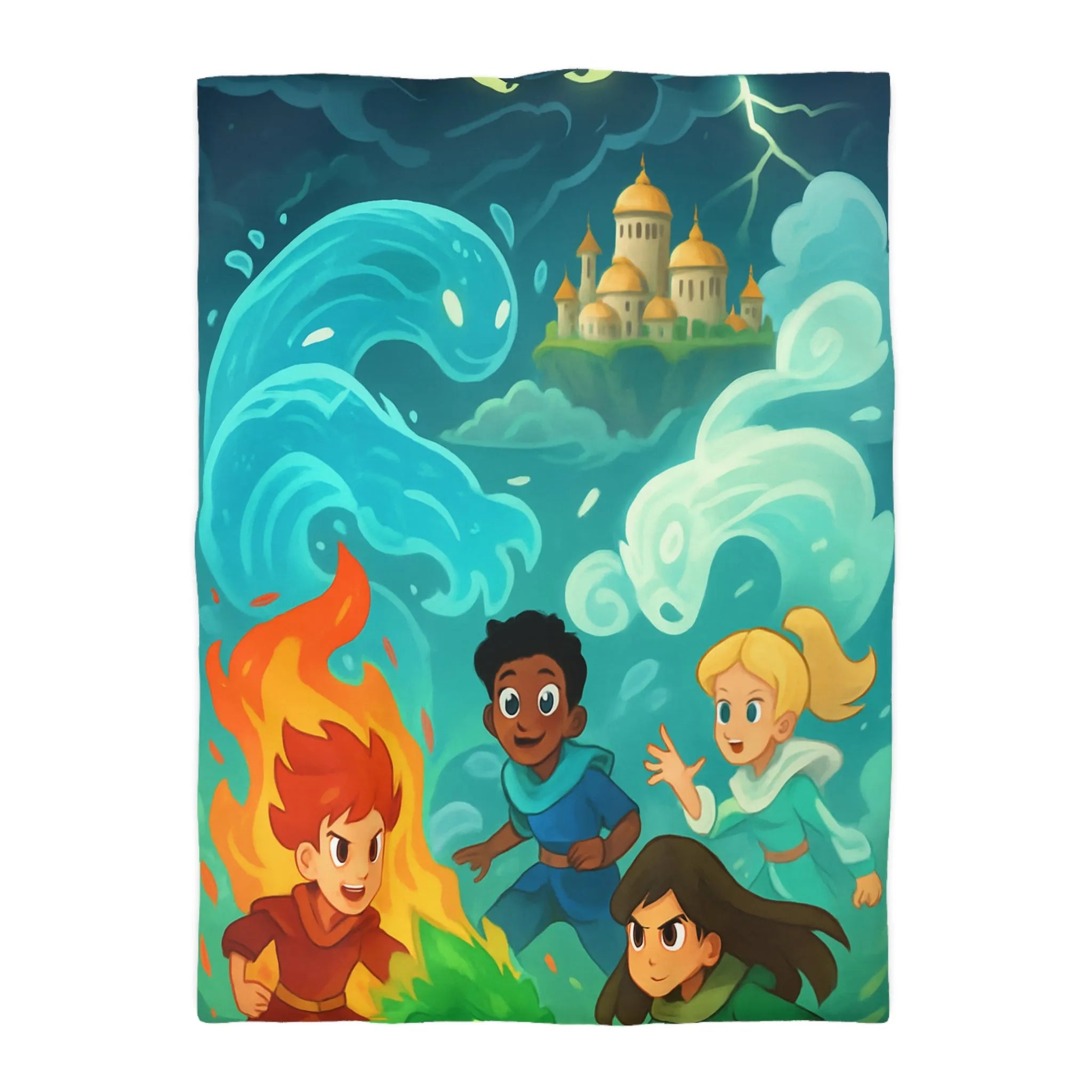 Housse de couette avec illustration de jeunes héros des éléments devant un château magique