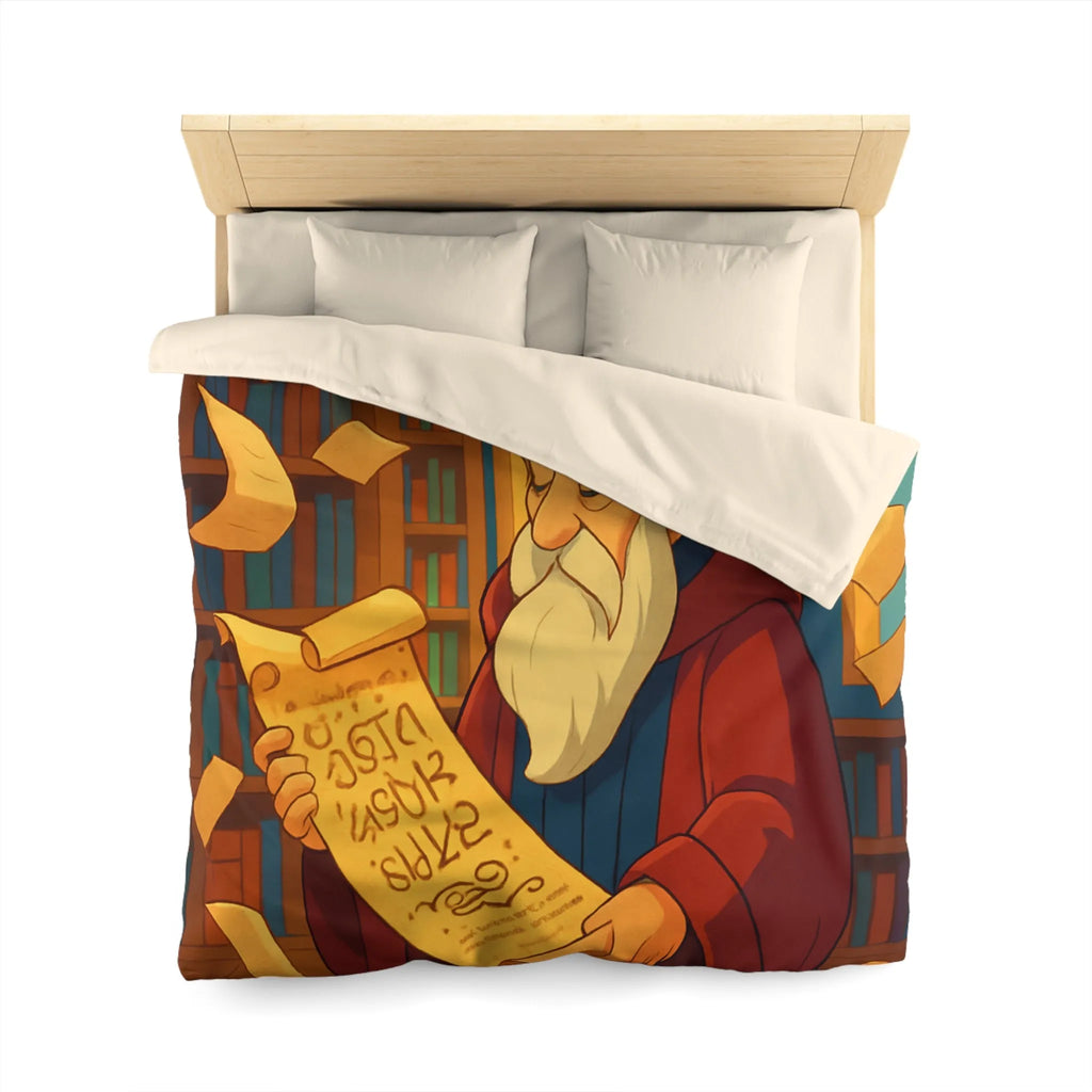 Housse de couette élégante avec design de bibliothèque, parchemins et sage en robe rouge