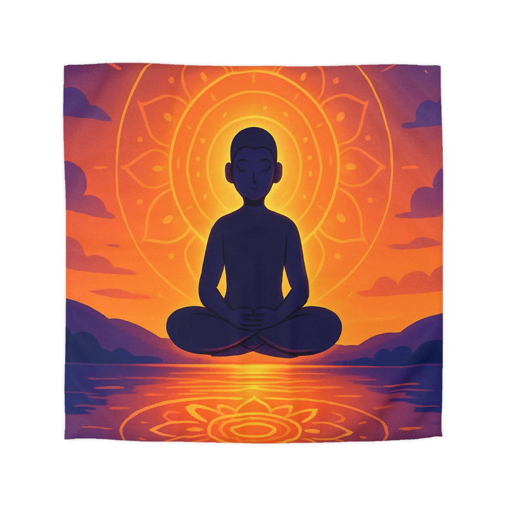 Housse de couette méditation silhouette au coucher de soleil avec reflet mandala lumineux