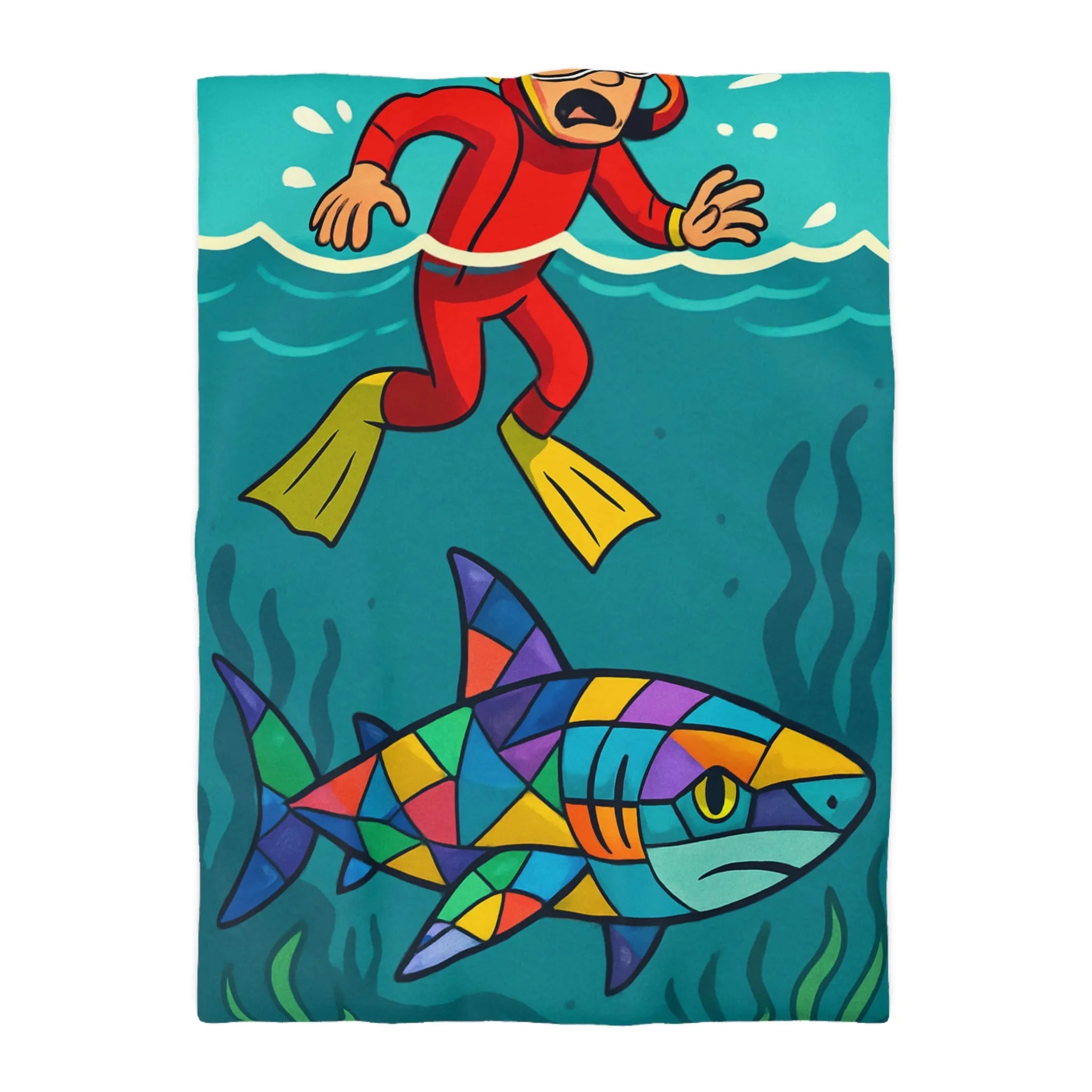 Housse de couette colorée avec plongeur effrayé et requin multicolore