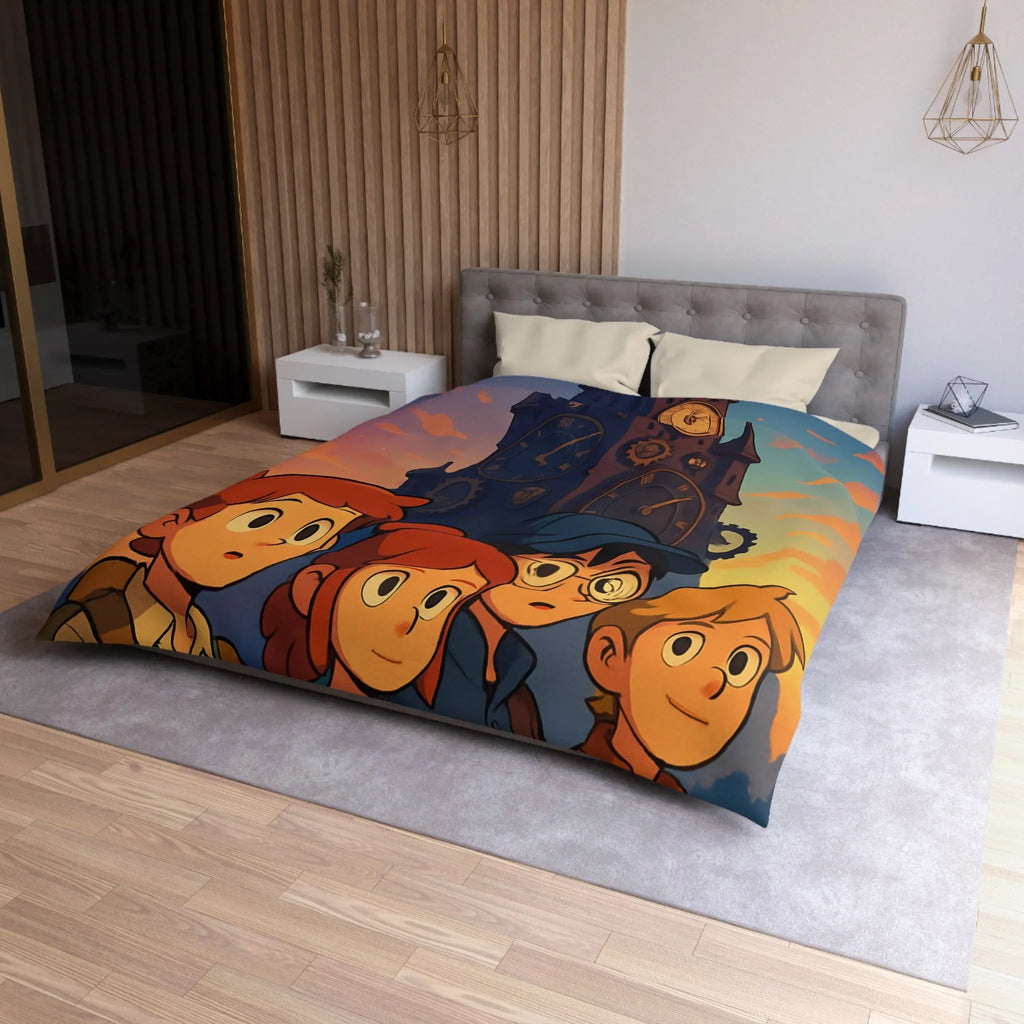 Housse de couette illustrée aventure jeunesse horloges coucher de soleil style animé vibrant