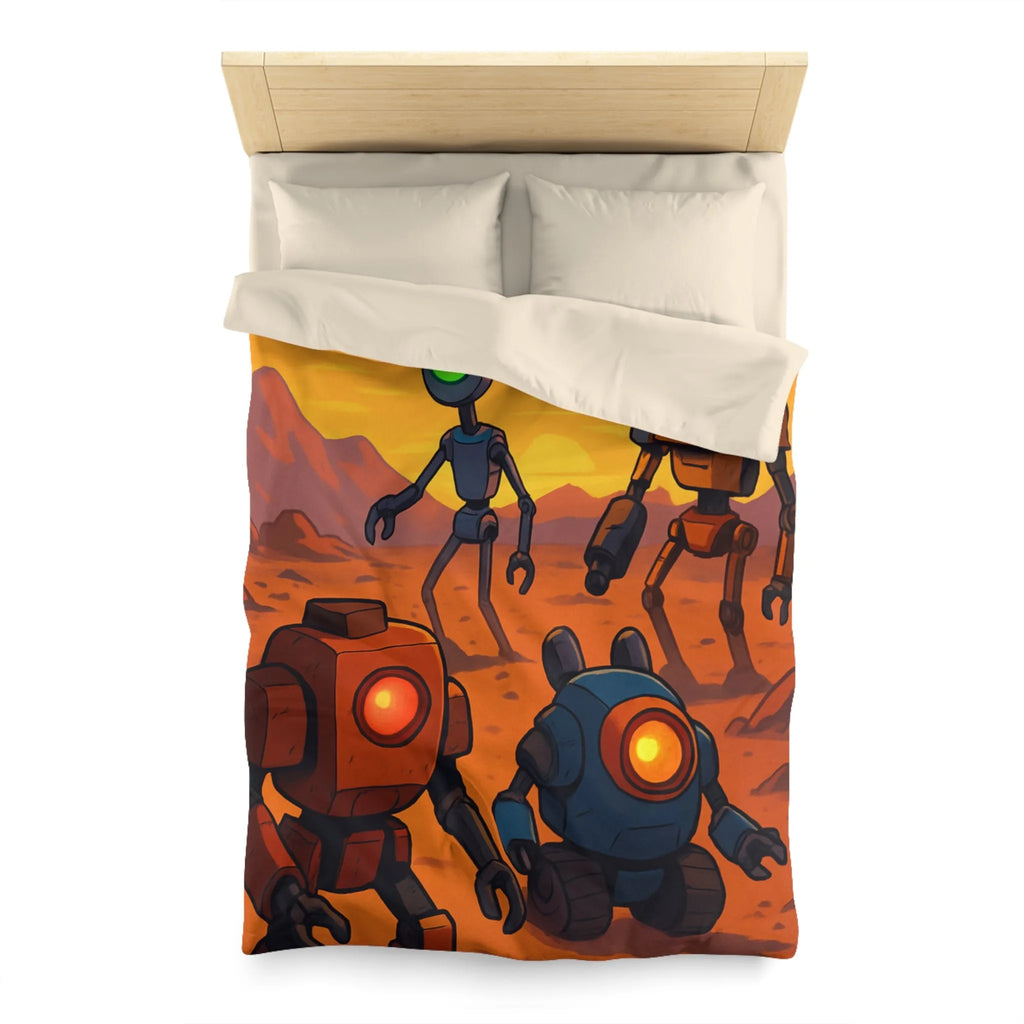 Housse de couette avec robots colorés dans un paysage désertique au coucher du soleil
