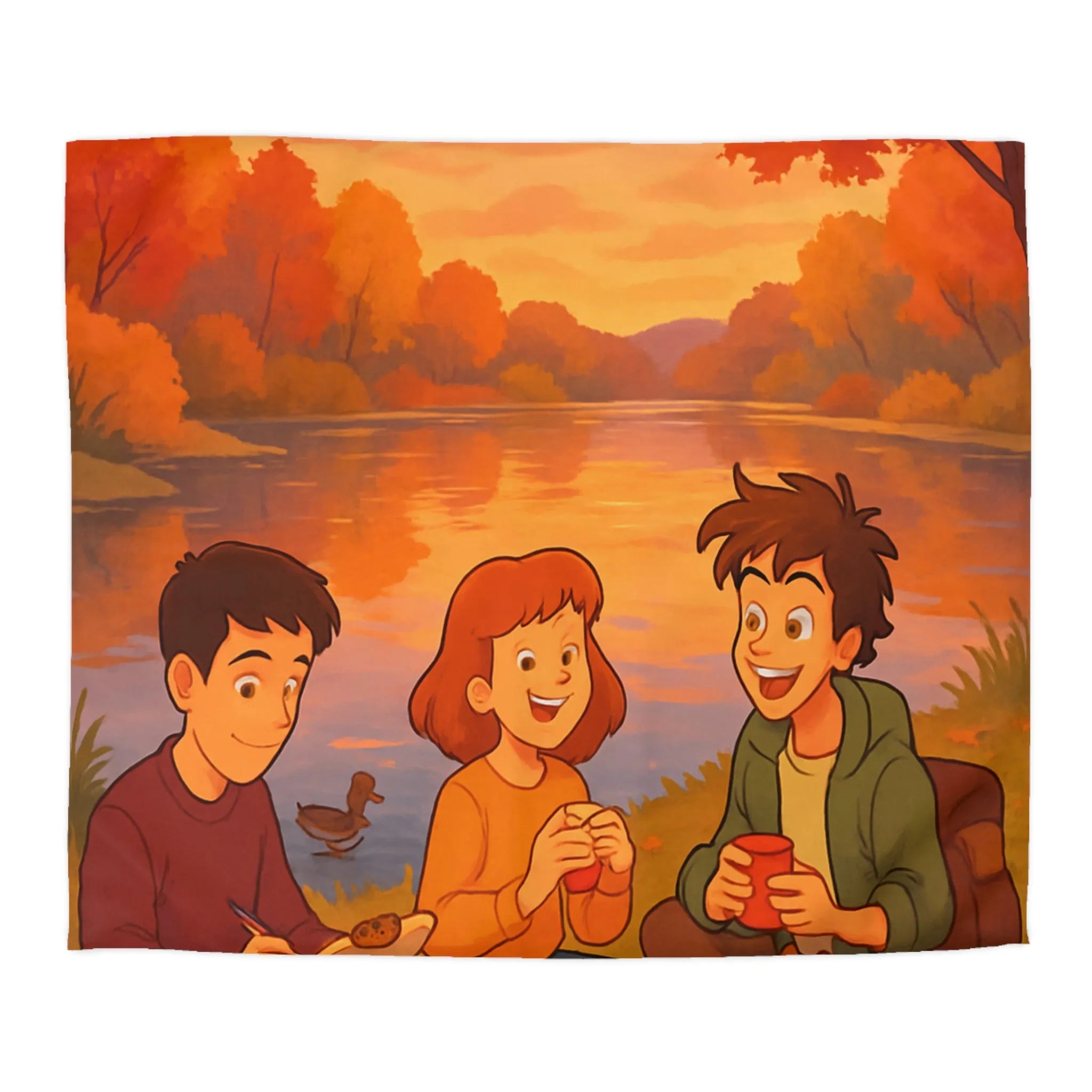 Housse de couette illustrée avec scène automnale de pique-nique au bord d'un lac