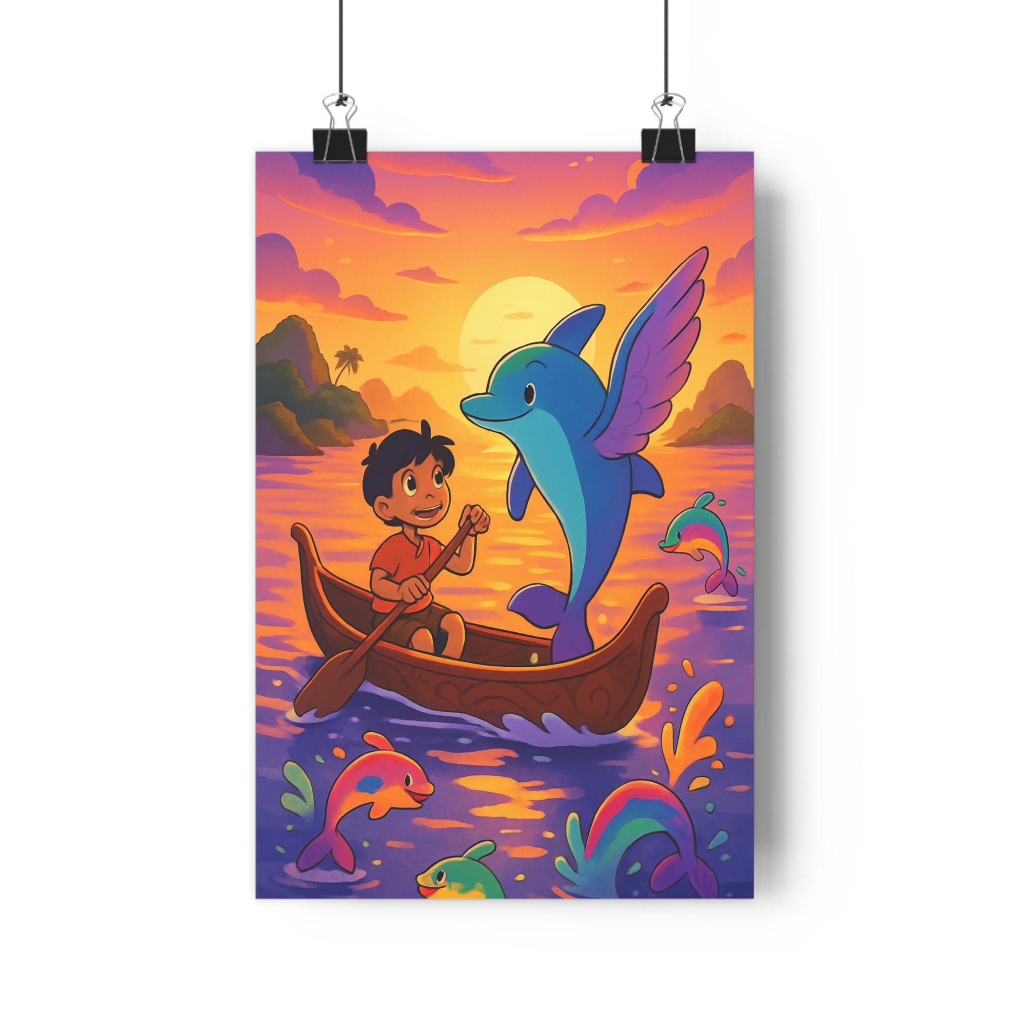 Poster décoratif enfant aventure joyeux coloré magique dauphin barque mer coucher soleil chambre tendance