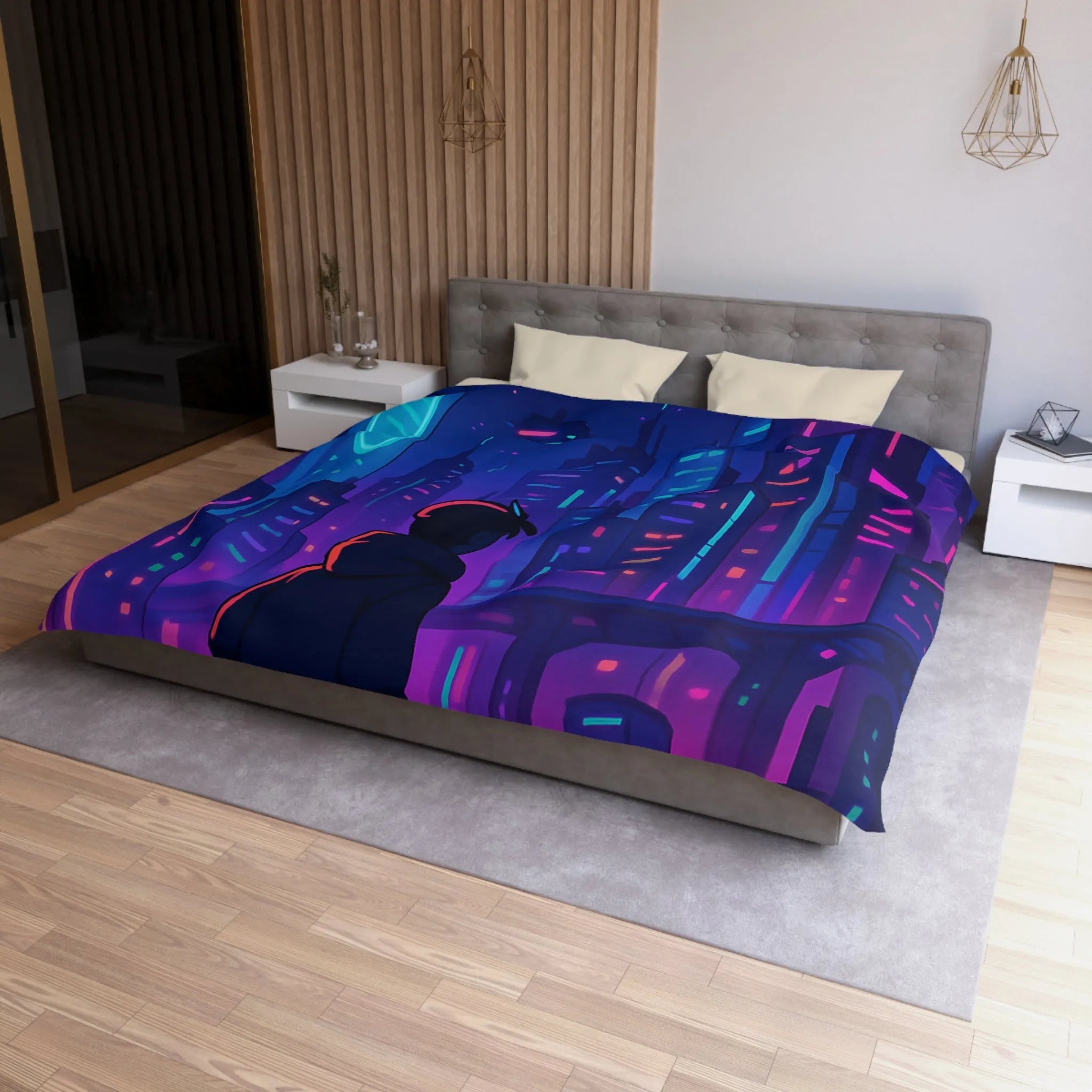 Housse de couette futuriste avec skyline néon vibrant et silhouette étoilée