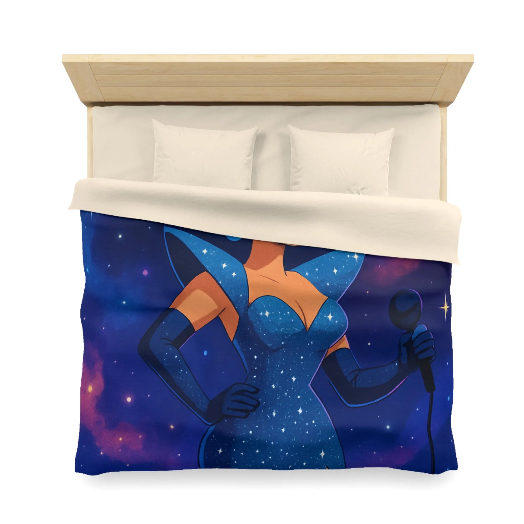 Housse de couette glamour avec étoile, chanteuse et ciel cosmique pour chambre moderne