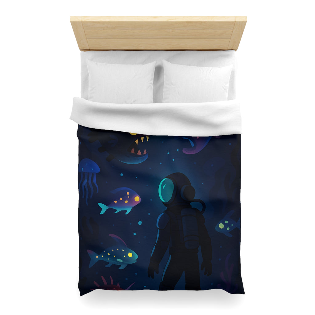 Housse de couette océanique avec plongeur et créatures marines lumineuses mystérieuses