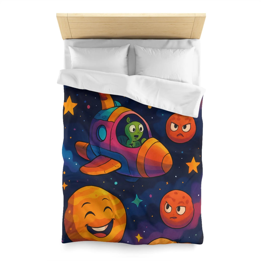 Housse de couette enfant cosmos coloré avec planètes amusantes et fusée extraterrestre