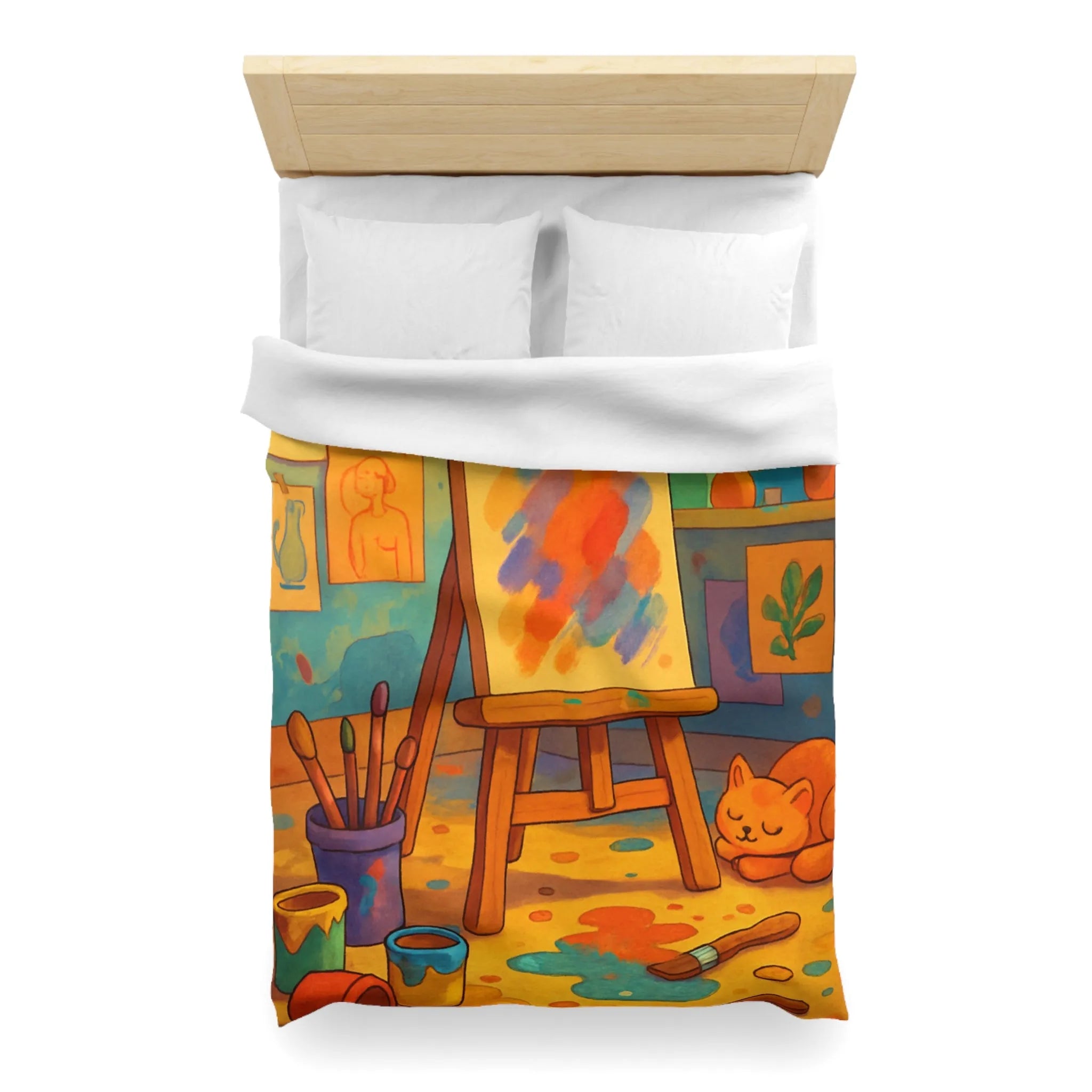 Housse de couette artistique colorée avec chevalet et chat pour une chambre cosy