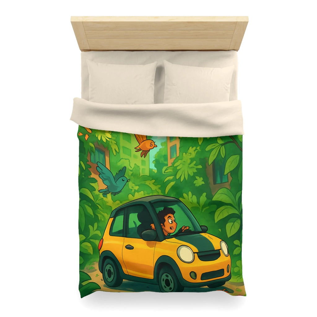 Housse de couette colorée avec voiture jaune et jungle luxuriante pour enfants aventureux