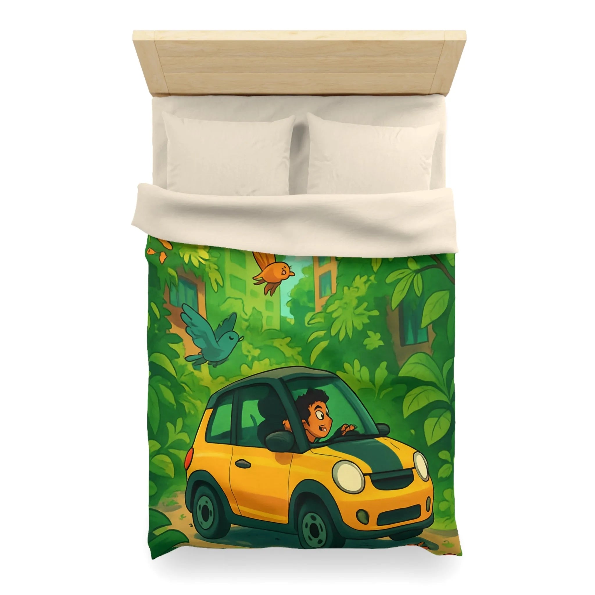 Housse de couette colorée avec voiture jaune et jungle luxuriante pour enfants aventureux