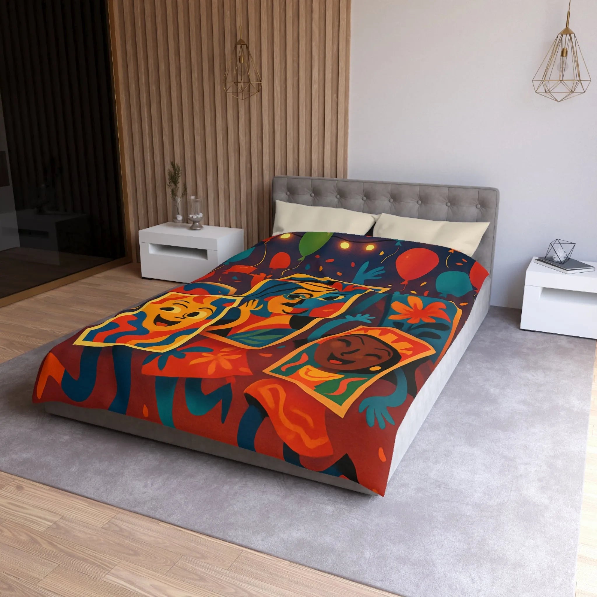 Housse de couette colorée comics avec motifs de fête et personnages joyeux