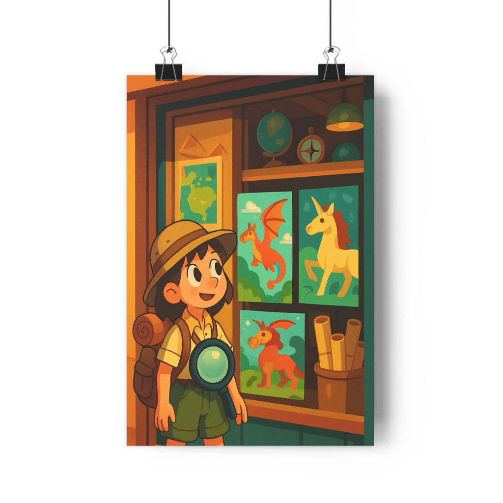 Poster décoratif explorateur enfant aventure dragon licorne mappemonde joyeux chambre couleurs vives cartoon stimulant
