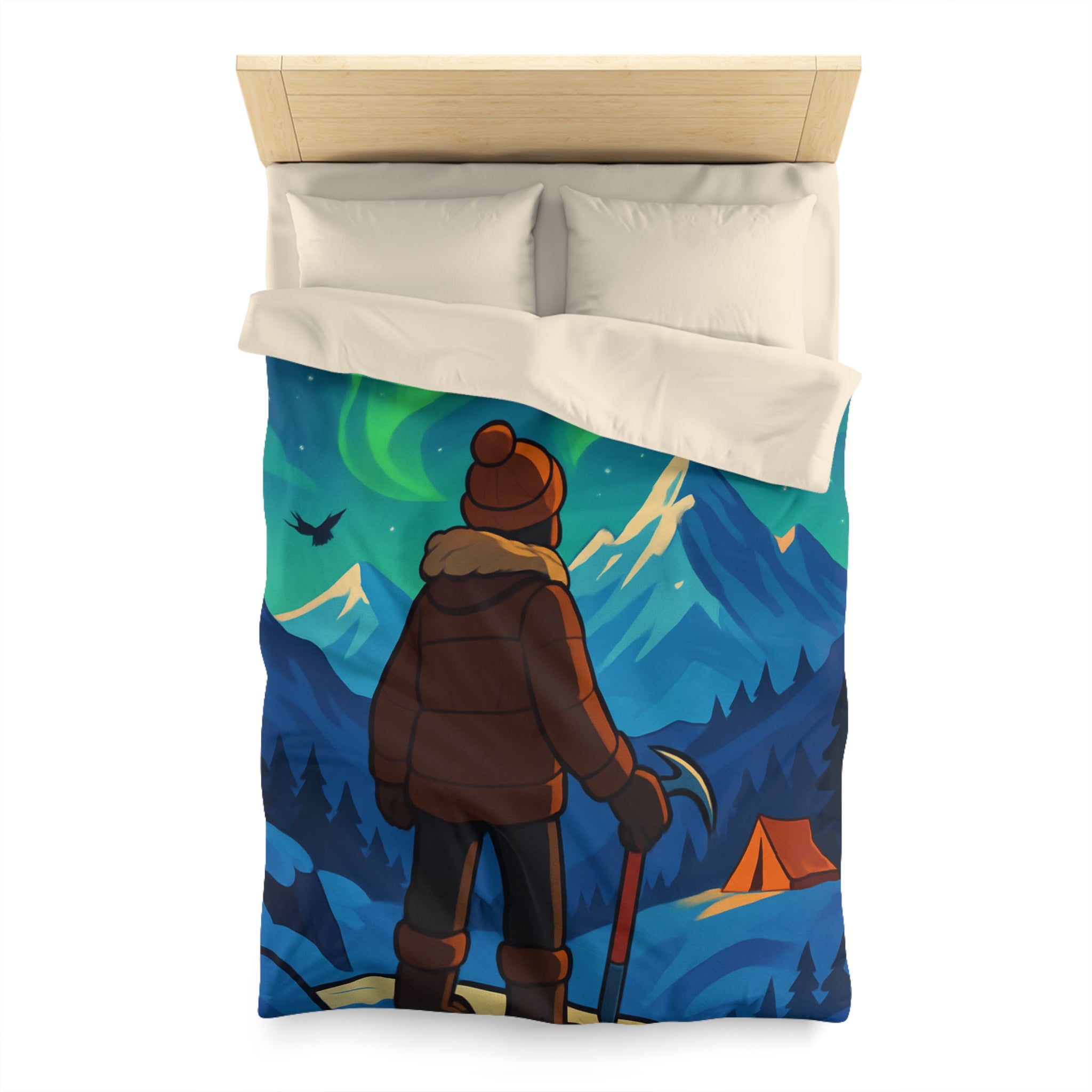 Housse de couette montagne avec aurore boréale, explorateur et tente lumineuse