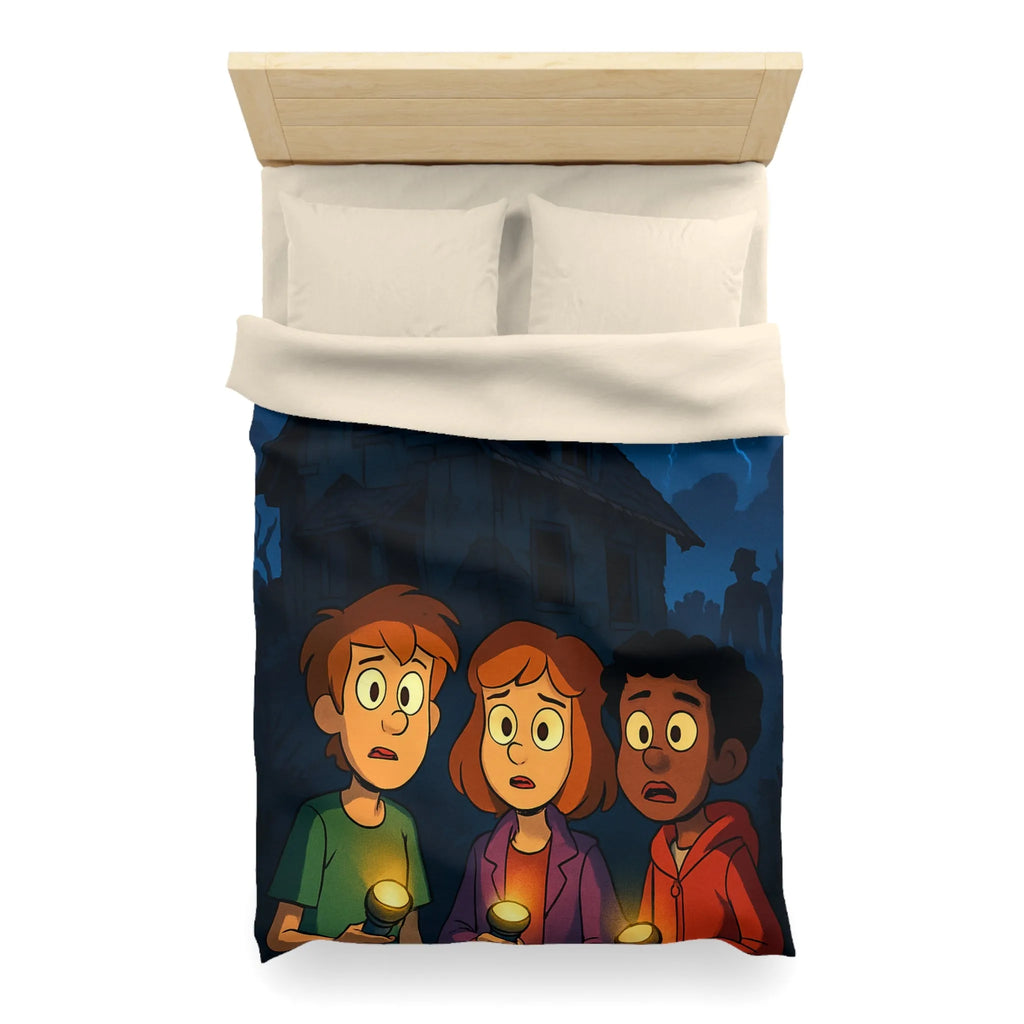 Housse de couette aventure mystérieuse, enfants explorant maison hantée sous lune rouge intrigante