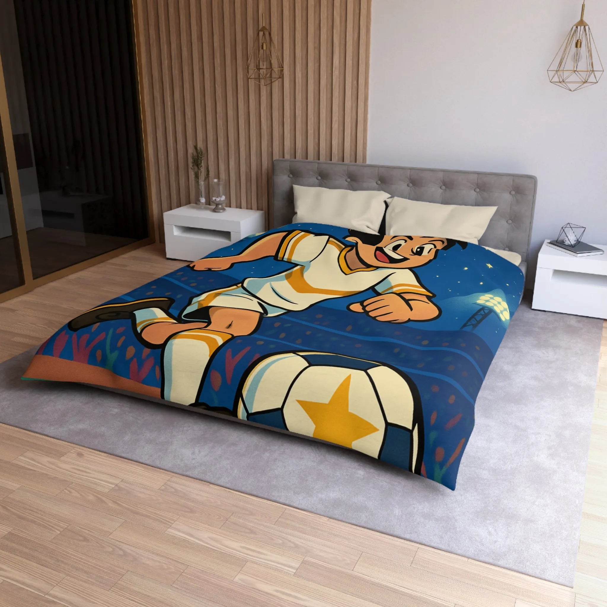 Housse de couette enfant avec joueur de foot stylisé sous ciel étoilé vibrant