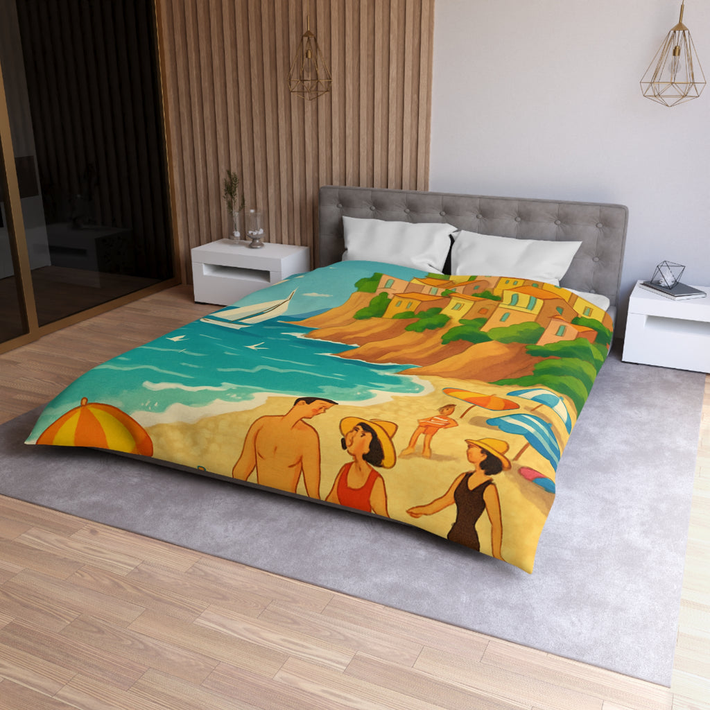 Housse de couette plage méditerranéenne avec paysages colorés et vacanciers ensoleillés